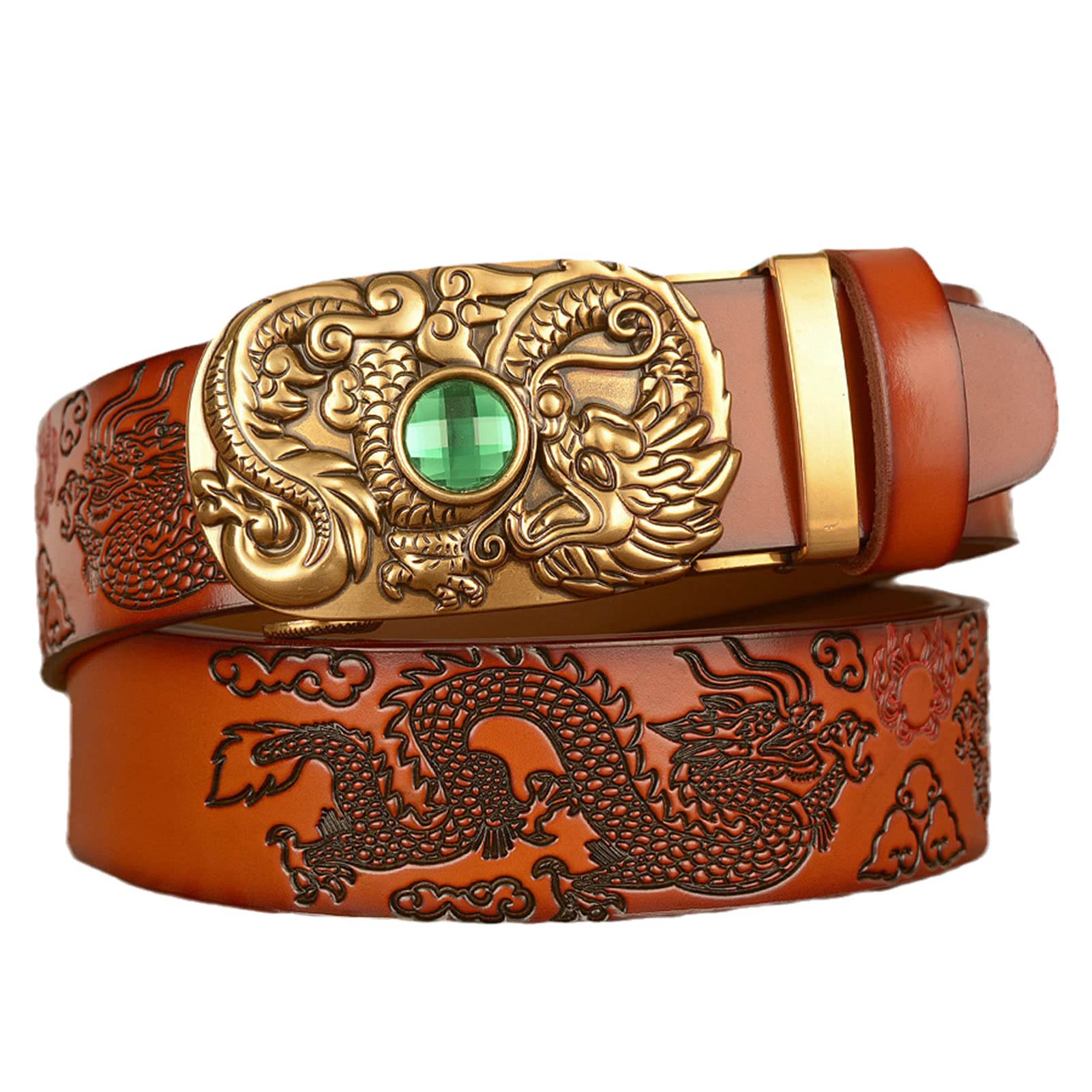 Cinturón De Trinquete For Hombre, Piel Auténtica, 3,5 Cm Ancho, Con Cierre Automático, Hebilla Deslizante Y Escultura Grabada Decorativa