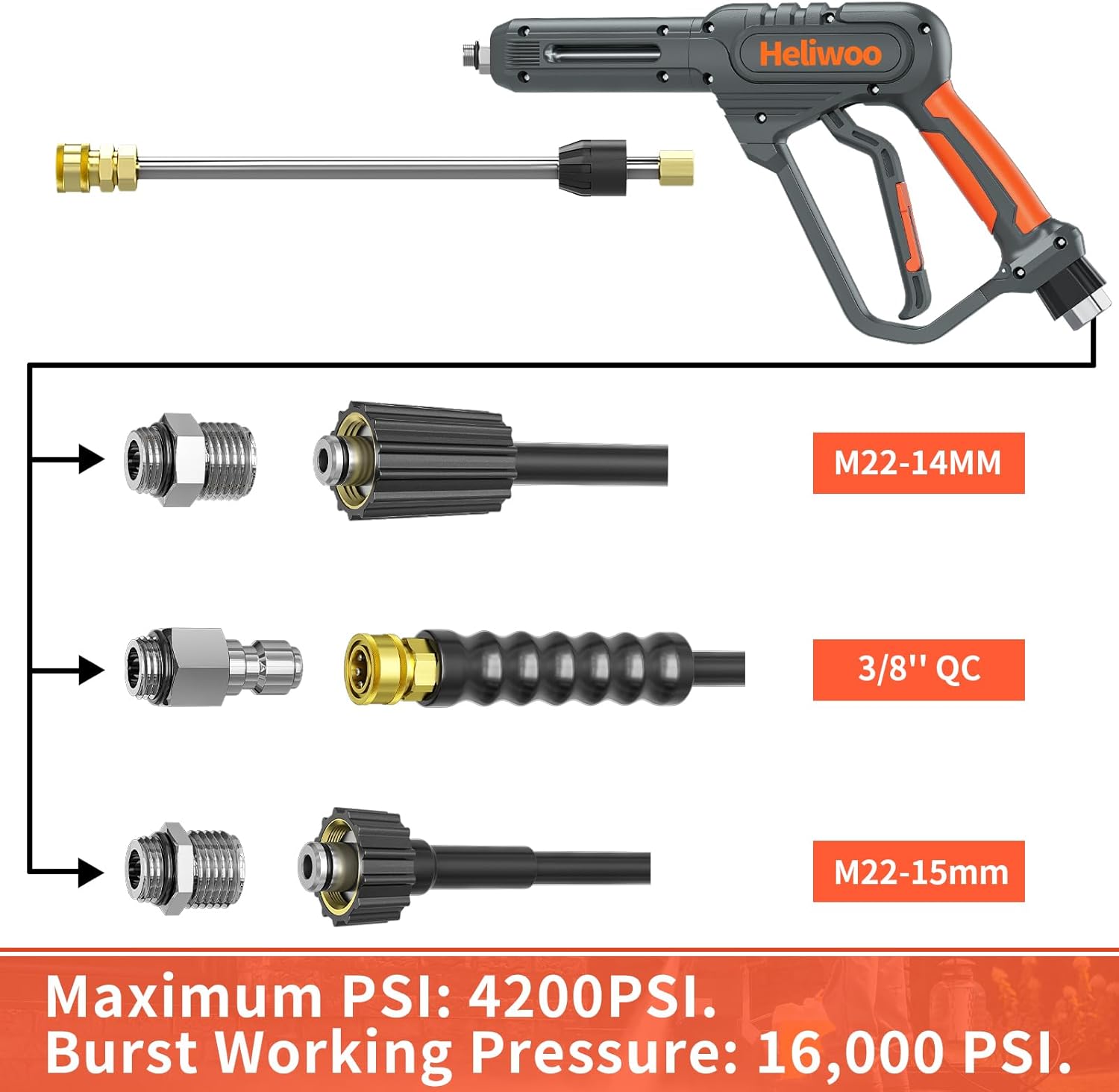 Pressure Washer Gun with Foam Cannon & 50ft Power Washer Hose, 3600PSI Pressure Washing Kit with 15" Extension Wand & 7 Nozzle Tips, 3/8'' Quick Connector & M22 15mm/14mm Fittings