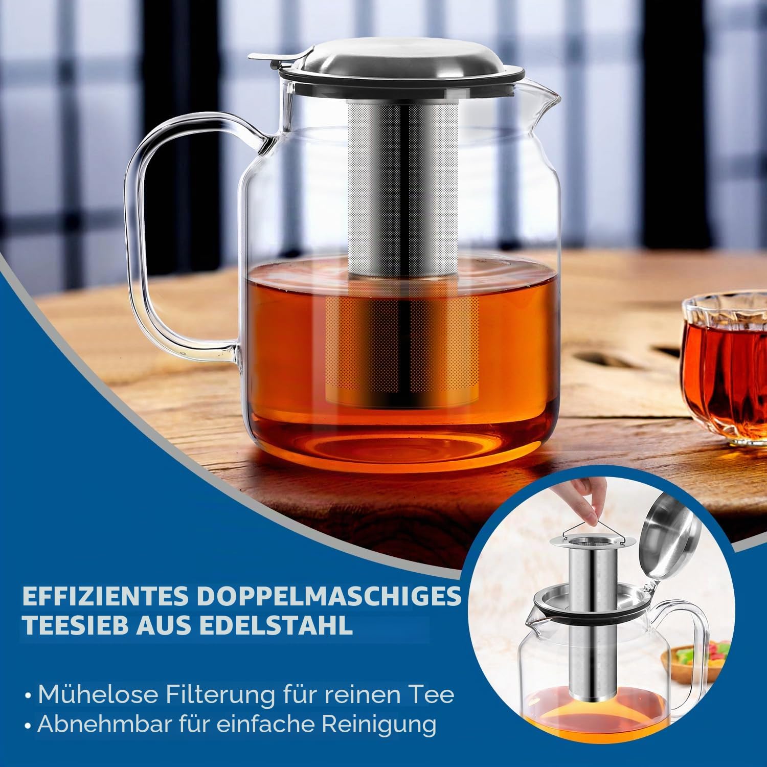 Aquach Glas-Teekanne, 2,4 l, für den Herd geeignet, mit herausnehmbarem Teesieb für blühenden Tee und losen Tee, extra große Glas-Teebereiter, heiße und kalte Brühe