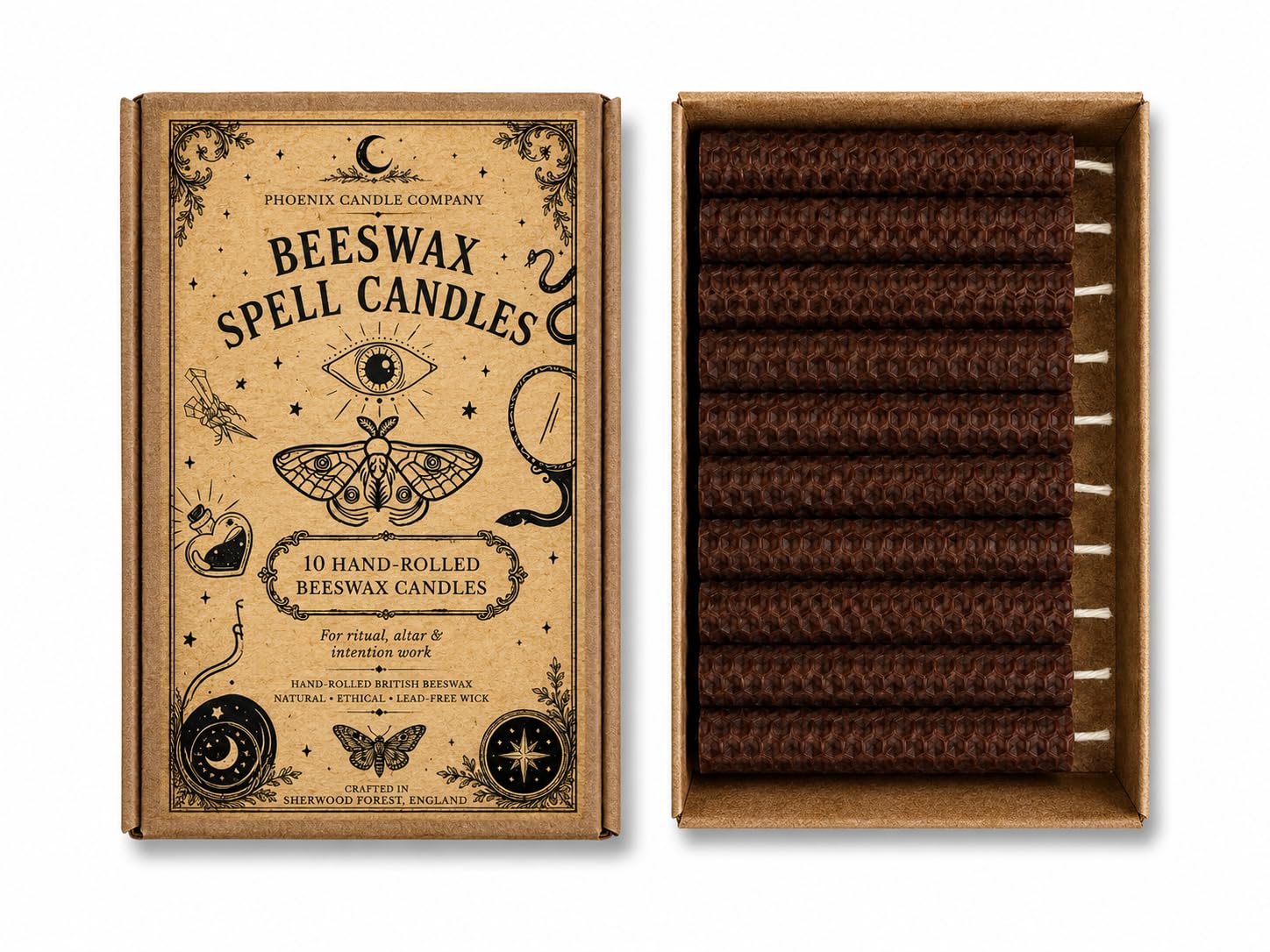 10 Hand Rolled Beeswax Spell Candles 10cm x 2cm | Natural Ritual Candles | Colour Choice | Wicca, Pagan, Meditation, Altar, Witchcraft | Phoenix Candle Company (Brown)