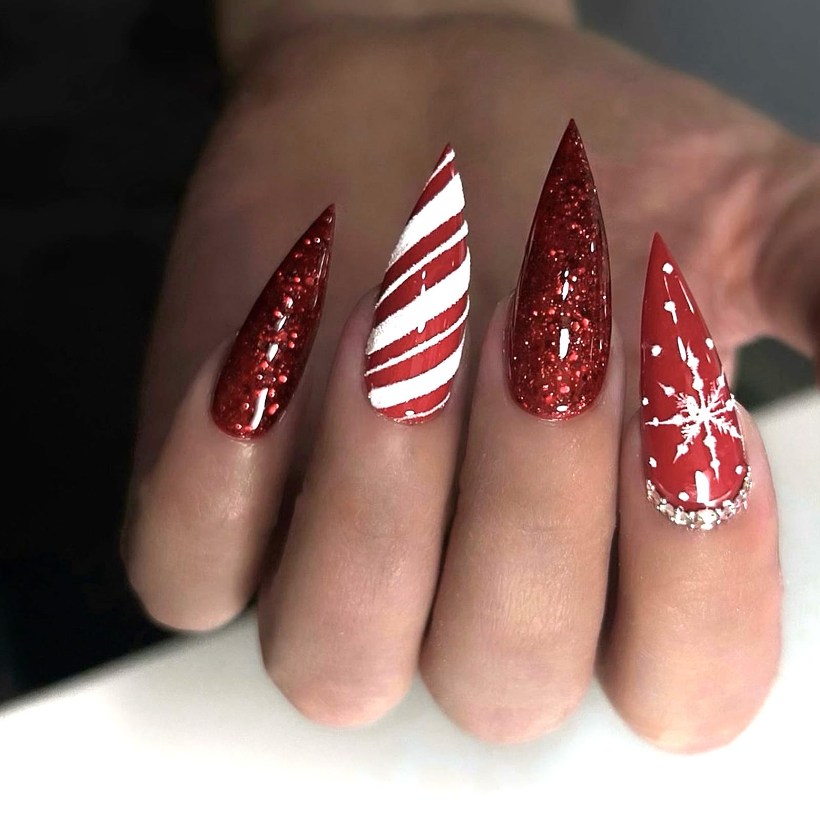 Christmas Snowflake Press on Nails Medium Almond Fake Nails Red White Stripes Rhinestone False Nails Red Glitter Glue on Nails Christmas Acrylic Nails