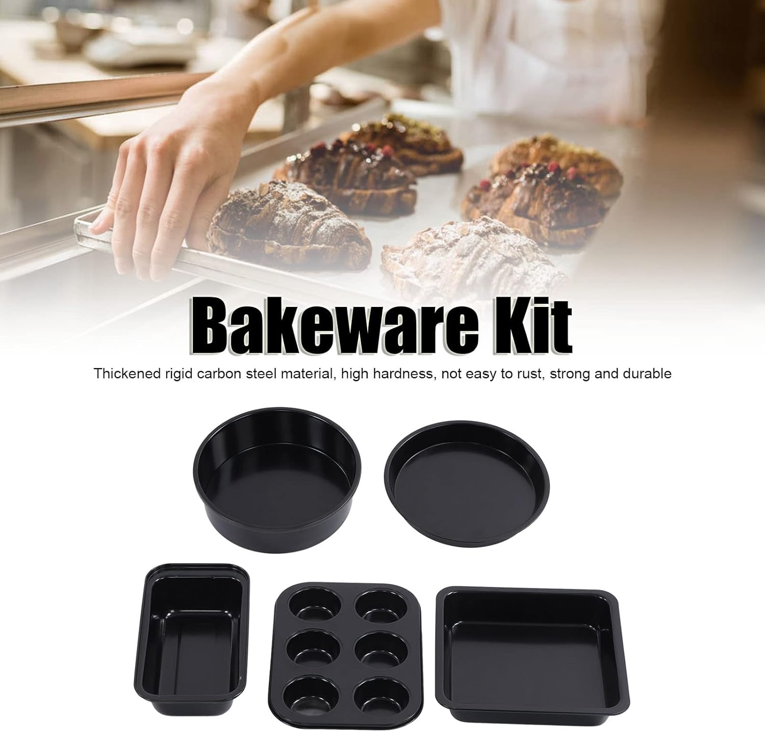 Professional Carbon Steel Bakeware Set with Nonstick Coating, Includes Cake Mold, Baking Pans, and Pizza Tray, Ideal for Home Kitchen Baking Needs, Heat up to 572℉ (Black)