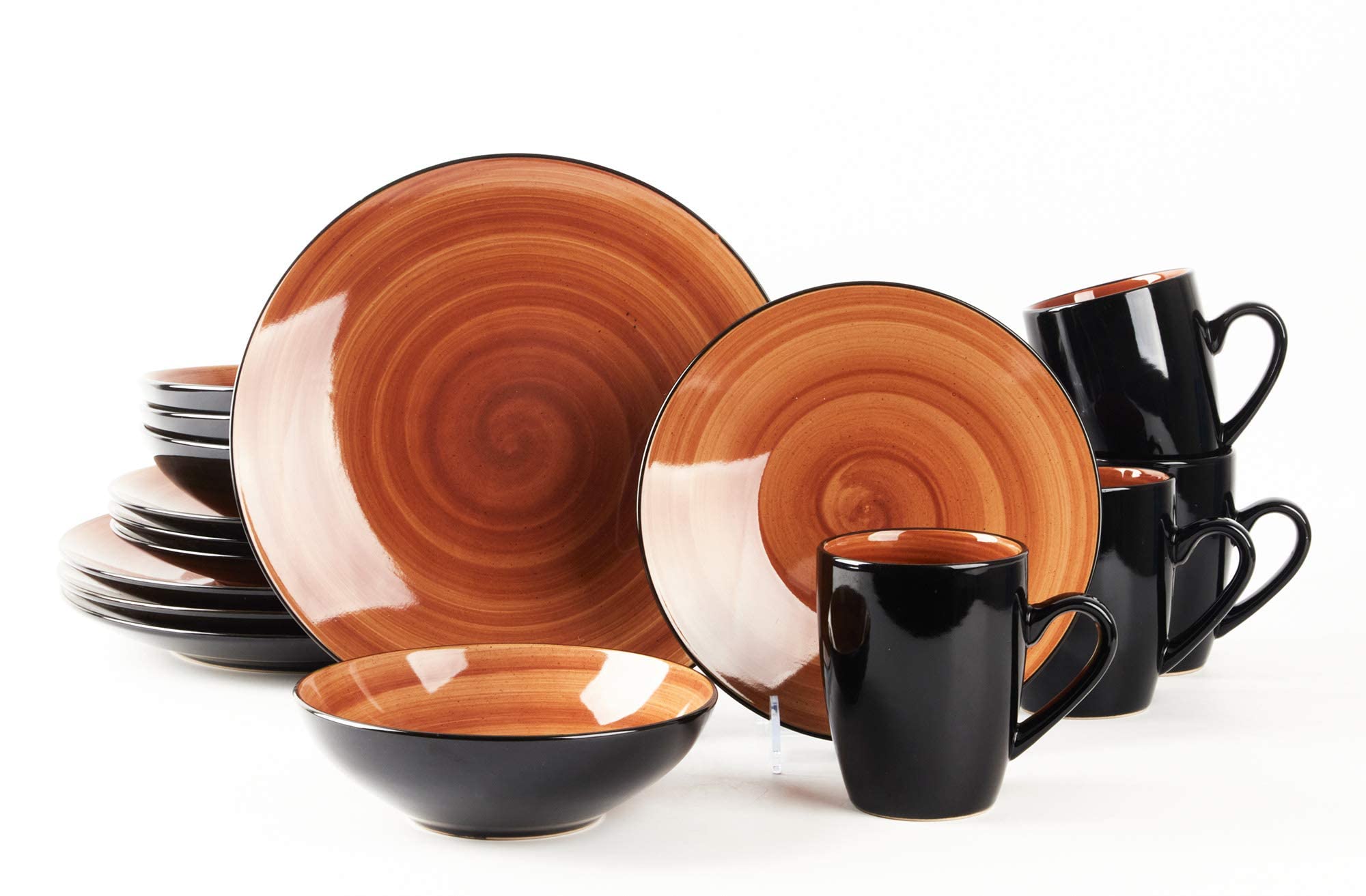 Sonoma Stoneware 16pc Dinnerware Set, Outside Black + Inside Hand Painting Color Spice
