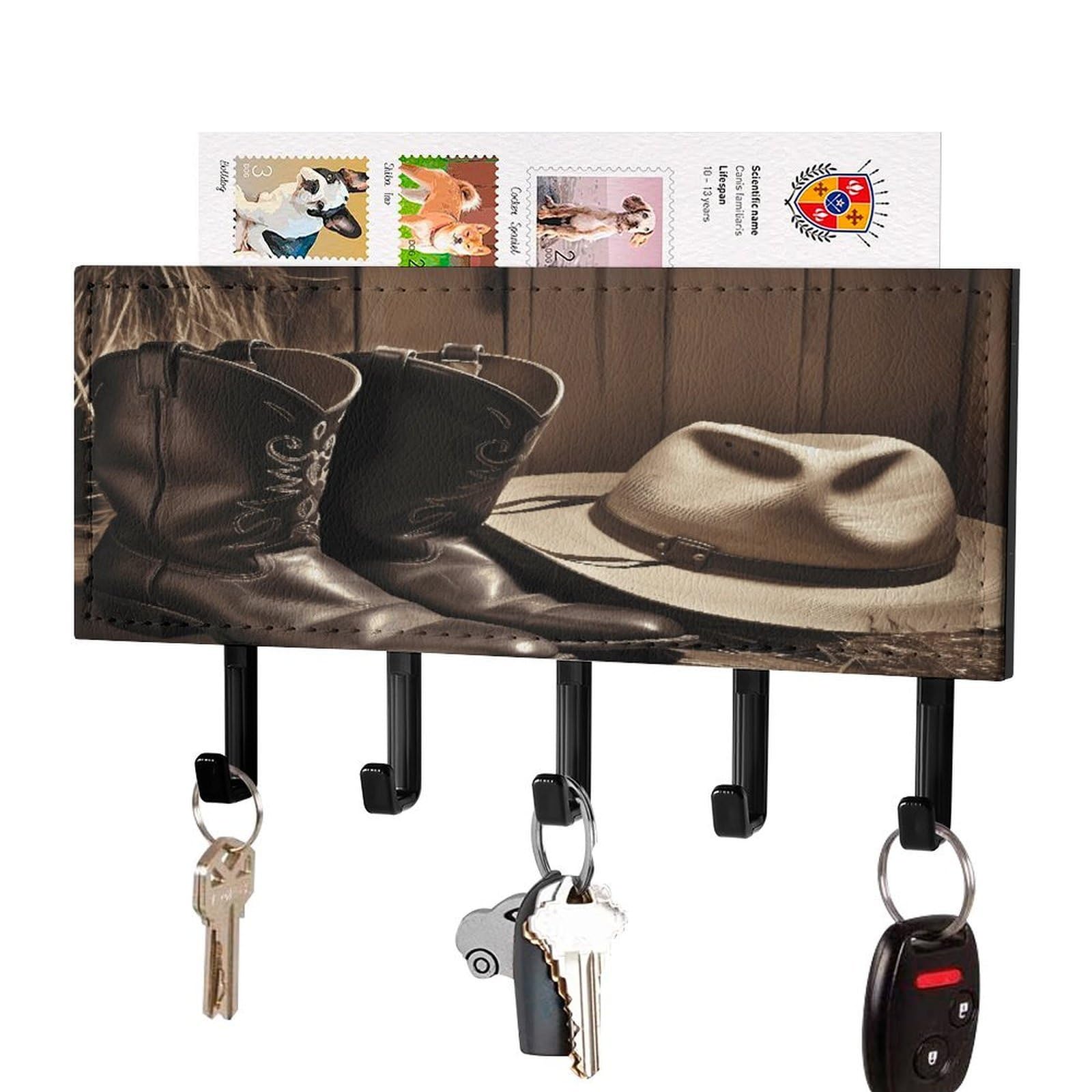 Vstadank Black-Style Cowboy Black Hat Western Boots Key Holder For Wall Decorative Mail Organizer Exquisite Coat Rack Pu Wall Mount Adhesive Keys Rack With Tray&5 Key Hook For Door Hallway Entryway Decor