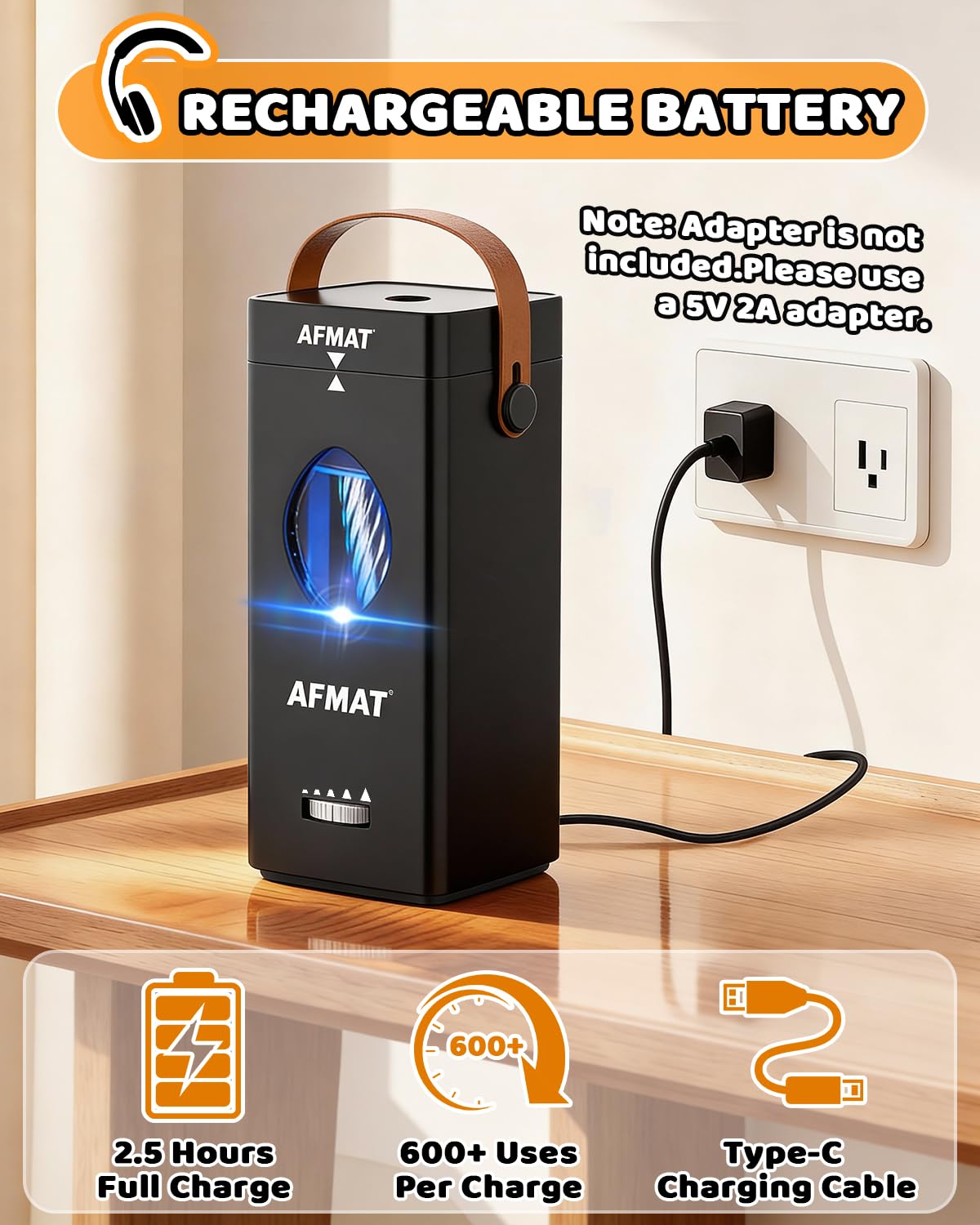 AFMAT Temperamatite elettrico, ricaricabile, completamente automatico, con manico, auto in & out, temperamatite portatile per matite grandi 6,5 – 12 mm, scuola, ufficio, insegnante, artista, nero