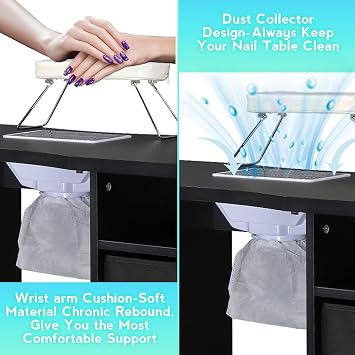 Nail Table, Manicure Table with Dust Collectorand Hand Rest, Nail Salon Table for Nail Studio and Home, Multifunctional Nail Tech Desk with Sortable Storage Items, Black