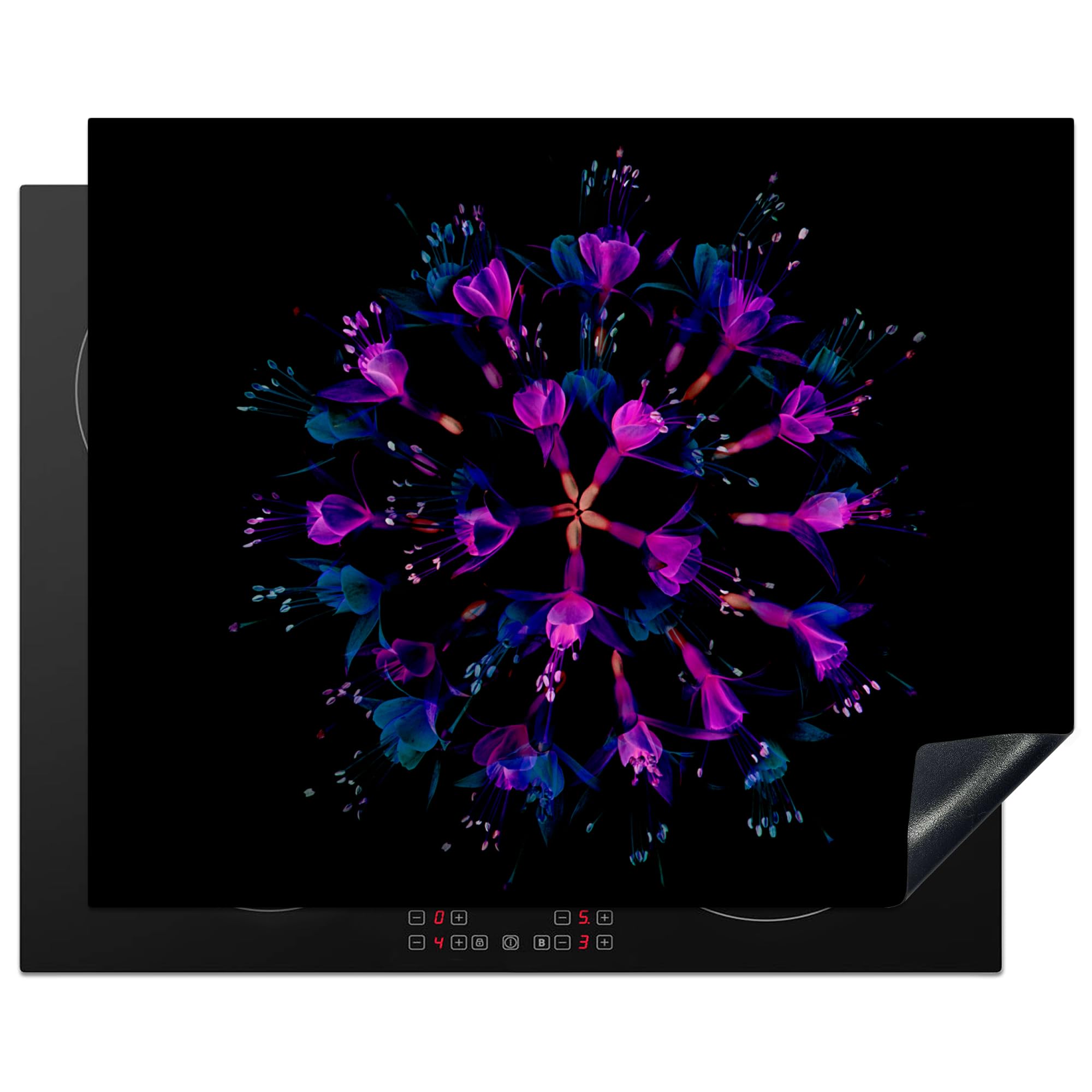 KitchenYeah© Induction Hob Protector Mat 20.5"x25.6" / 65x52 cm Stove Cap Top Cover Kitchen Cooker Covers for Electric Hobs Vinyl Flower - Purple - Blue - Macro - Black