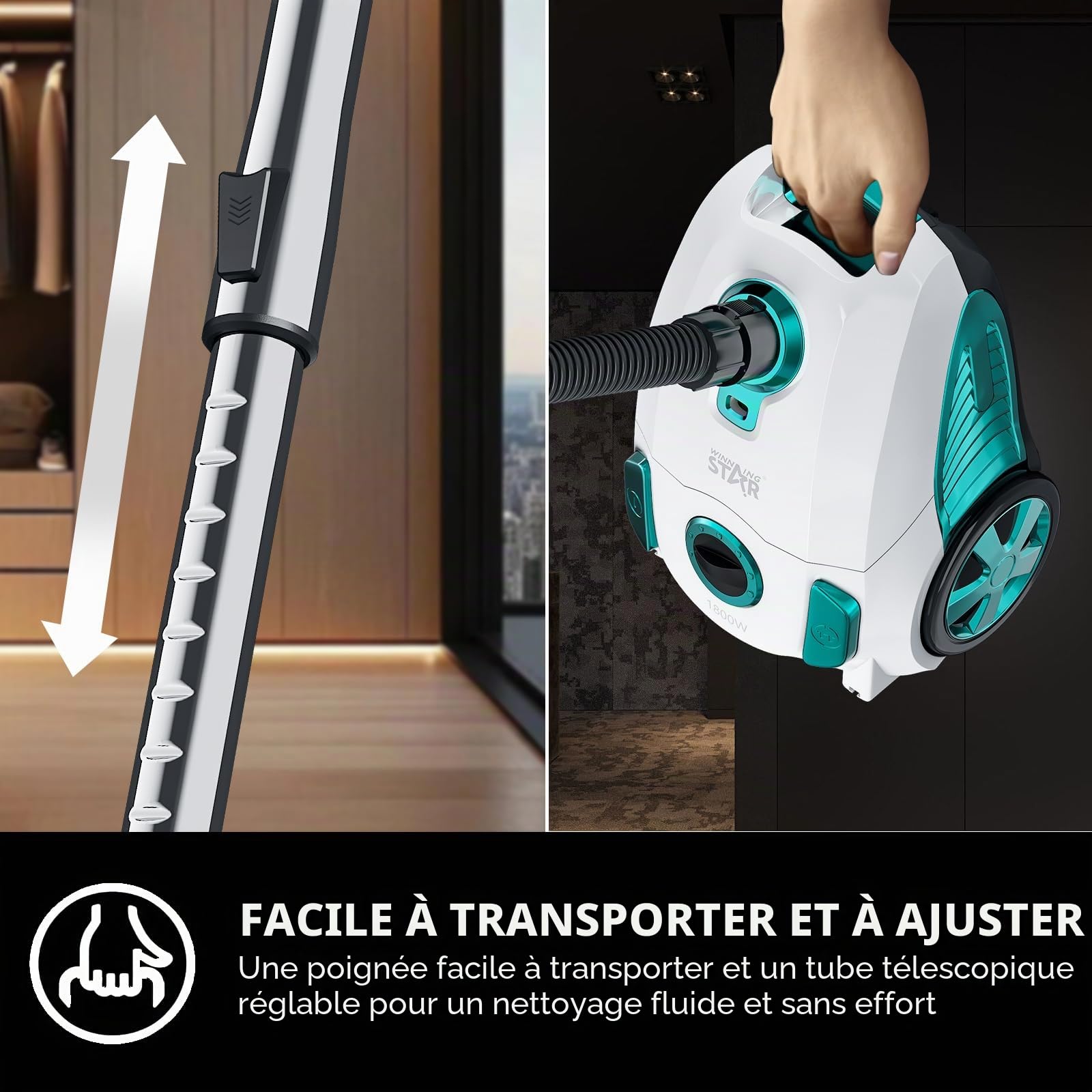 Aspirateur sans sac 1800 W avec filtre HEPA, aspirateur traîneau contrôlable à pied 22 kPa avec câble de 5 m, sans sac à poussière de 4 l, idéal pour les poils d'animaux, brosse de sol pour