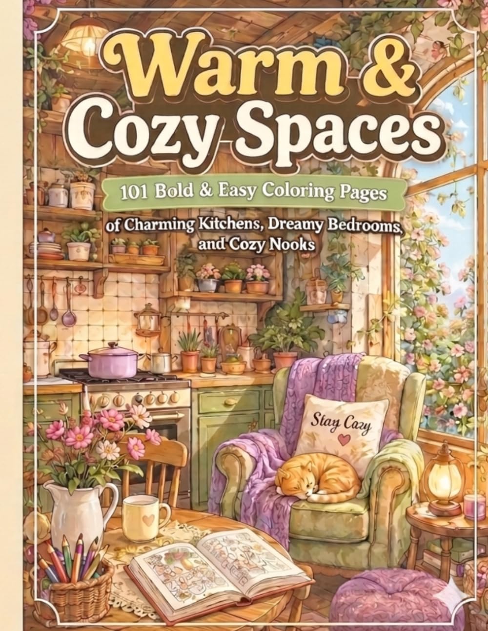 Warm & Cozy Spaces: 101 Bold & Easy Coloring Pages of Charming Kitchens, Dreamy Bedrooms, and Cozy Nooks