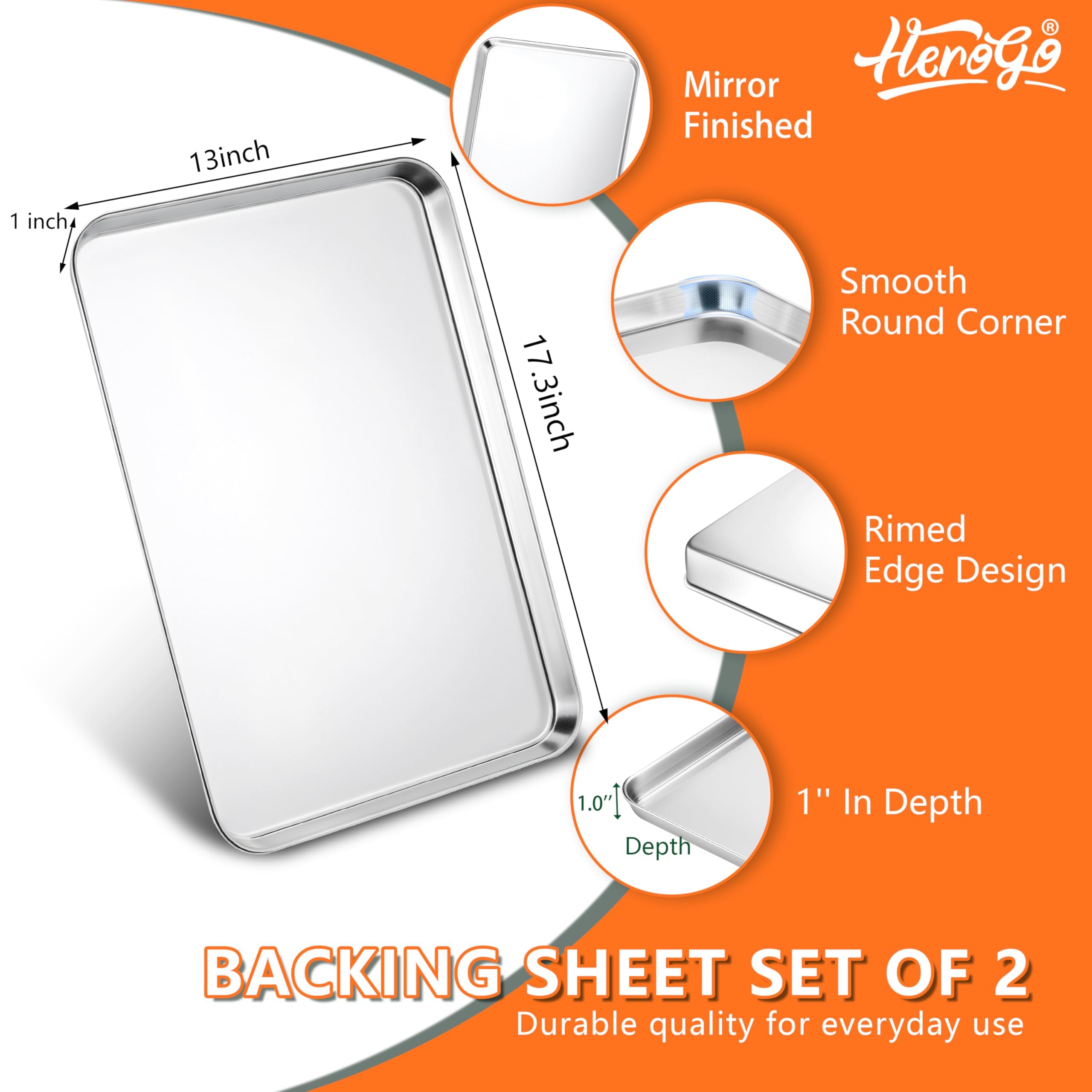 Herogo Antihaftbeschichtetes Edelstahl-Backblech-Set, 43,2 x 33 x 2,5 cm, rechteckig, Backformen-Set für den Ofen, 2 Stück, Mehrzweck-Küchen-Kochgeschirr, ungiftig, strapazierfähig und leicht zu