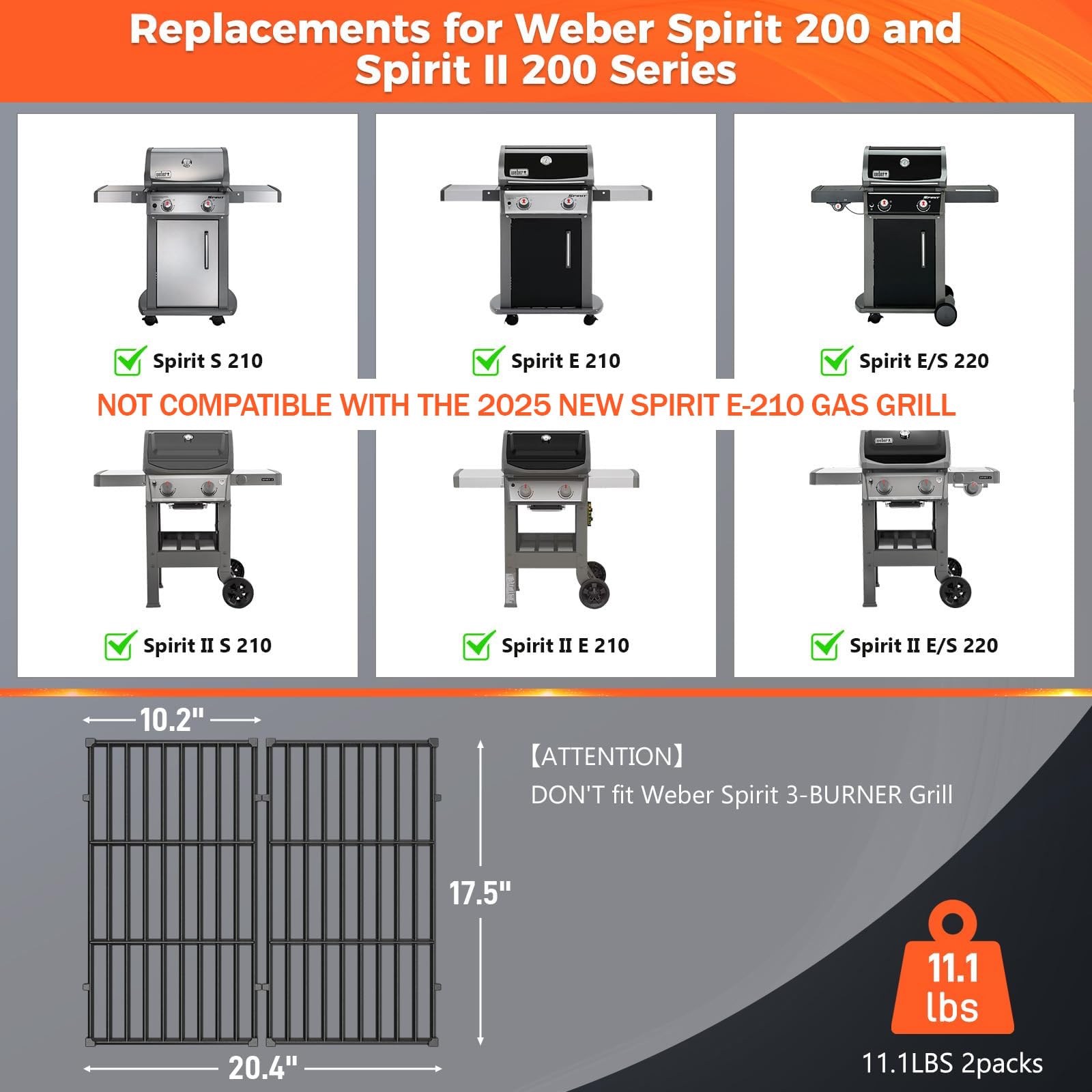 QuliMetal Griglie per griglie a controllo frontale Weber Spirit 200 Series | Adatto a Spirit E-210, E-220, S-210, S-215 e Spirit II E-210/E-220; sostituisce Weber 7637; non per modelli 2025