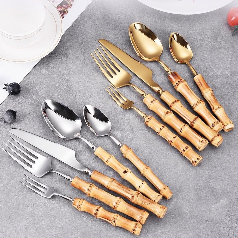 Ce Set de Couverts Comprend 5/20/30/40 pièces en Acier Inoxydable 304 : Couteau à Steak, Fourchette et cuillère à Manche en Bambou. Ce Set créatif pour Desserts et gâteaux est Disponible en