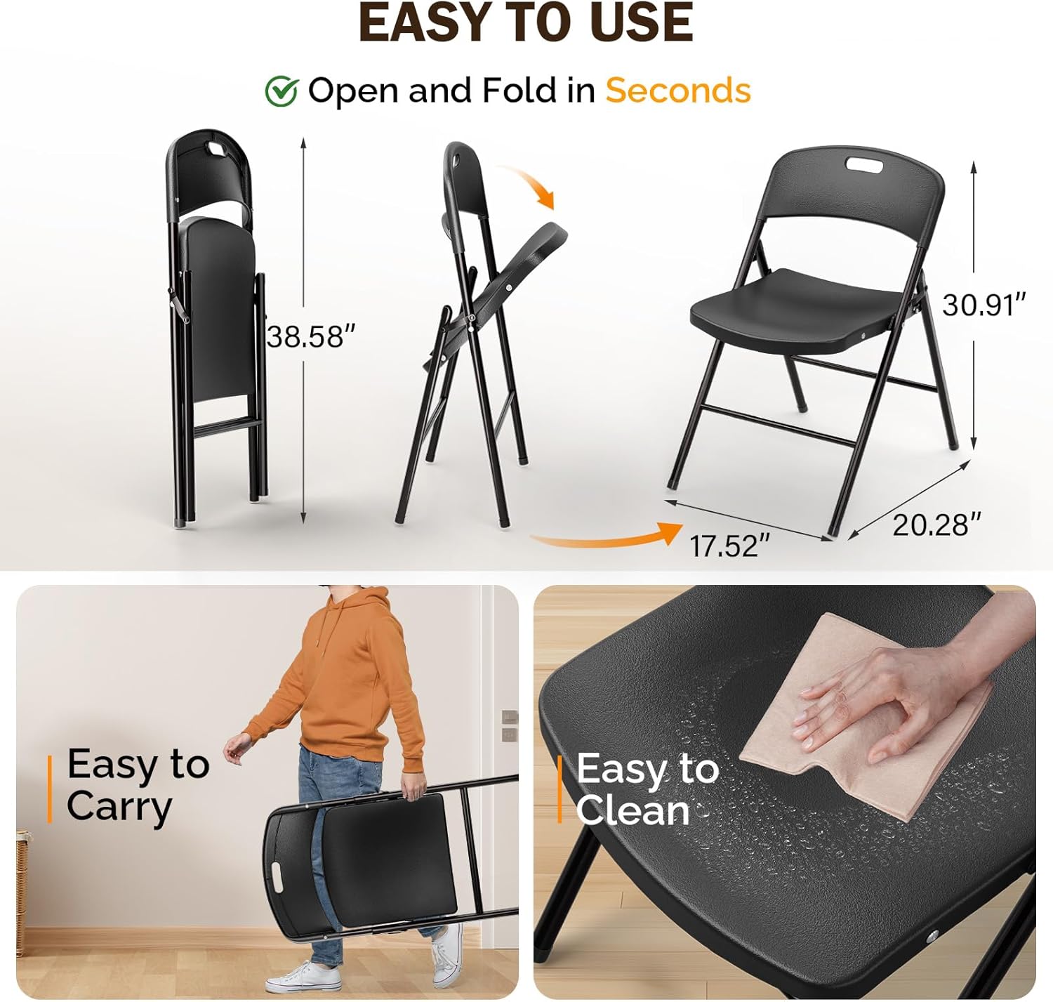 VINGLI Folding Chairs, Plastic Foldable Chair, Capacity up to 350 lbs, Portable Seating for Indoor Outdoor Events Parties Camping Work School Commercail (12, Black)