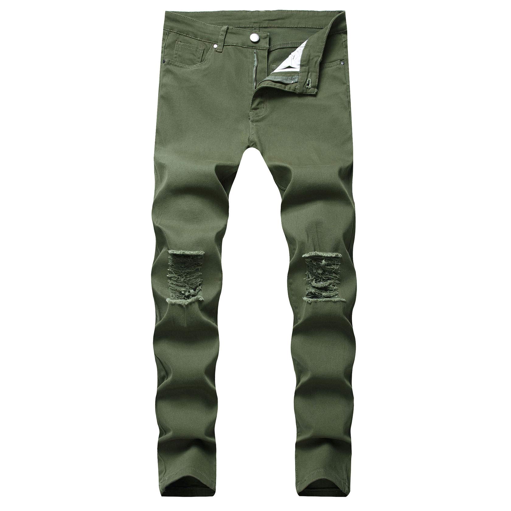 Mens Knee Holes Jeans Skinny Vintage Fitted Taped Jean Trousers Tapered Leg Ripped Destroyed Stretchy Denim Pants