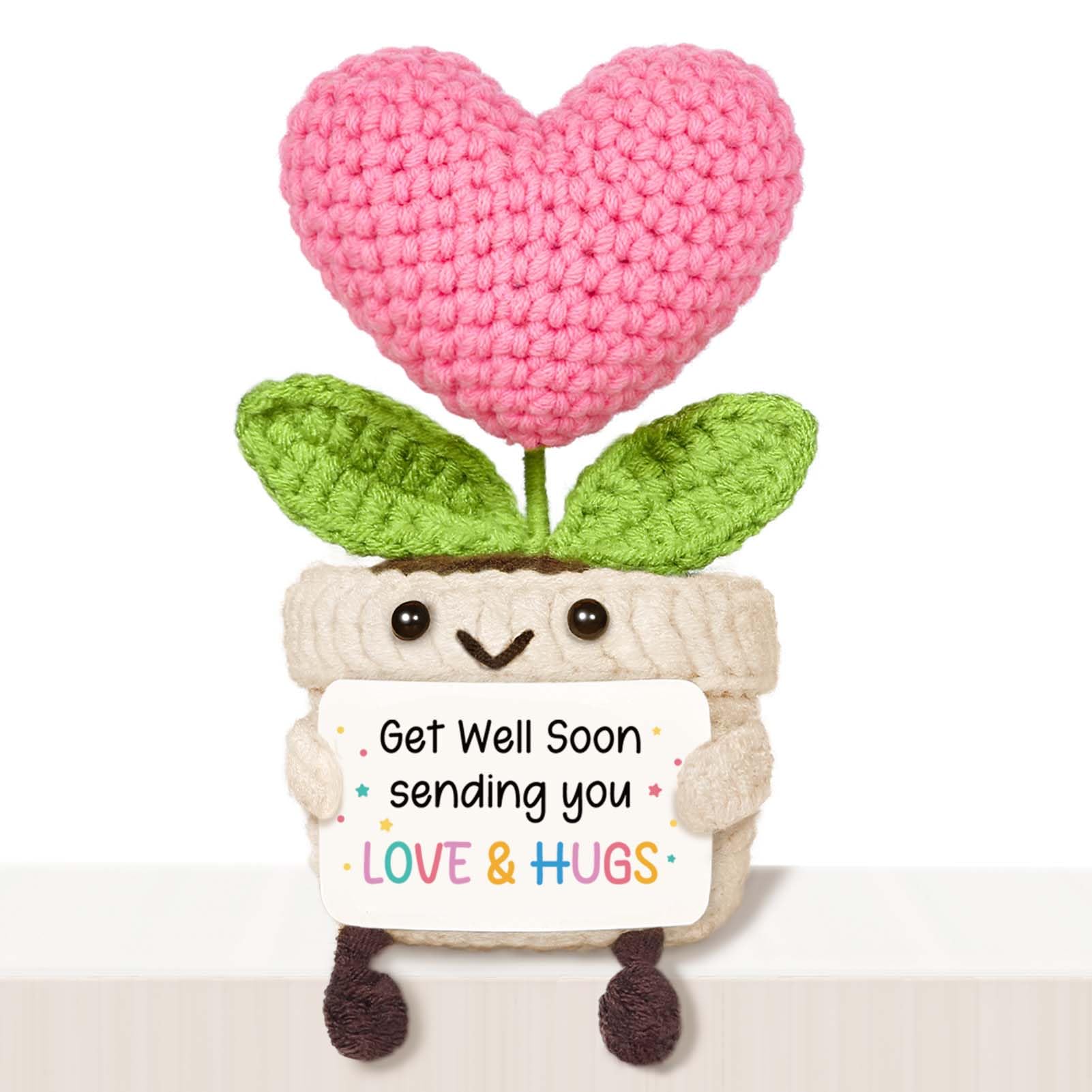 Giftasy Get Well Soon Gift for Women - Handmade Crochet Heart Flower with Warm Card, Recovery Gift for Friend, Family, Colleague, Comfort Present, Feel Better Present, Cute Desk Decoration — image 1