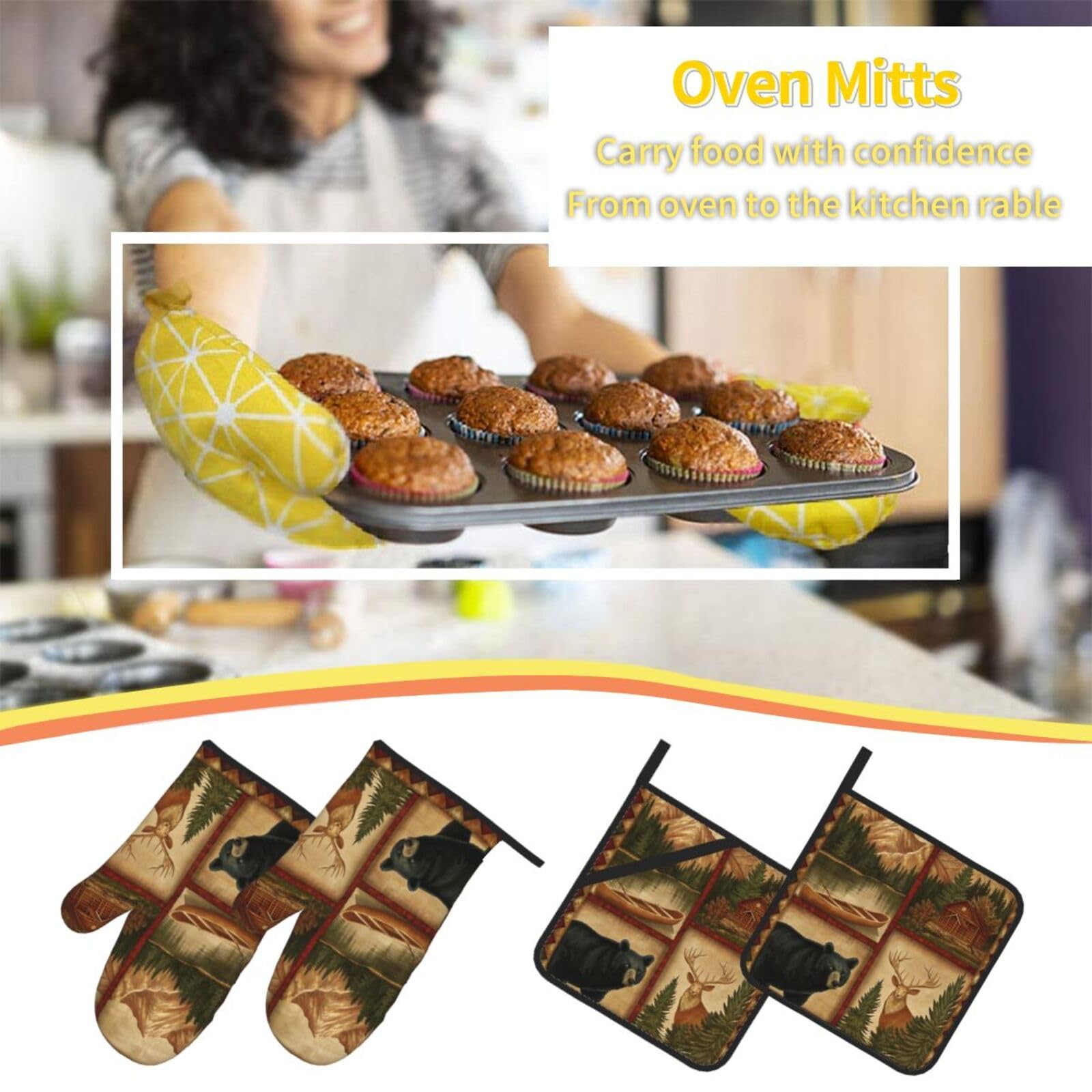 Lodge Style Northwoods Ofenhandschuhe und Topflappen, Set mit 4 hitzebeständigen, rutschfesten Ofenhandschuhen, Hot Pads für Küche, Kochen, Backen, Grillen, BBQ