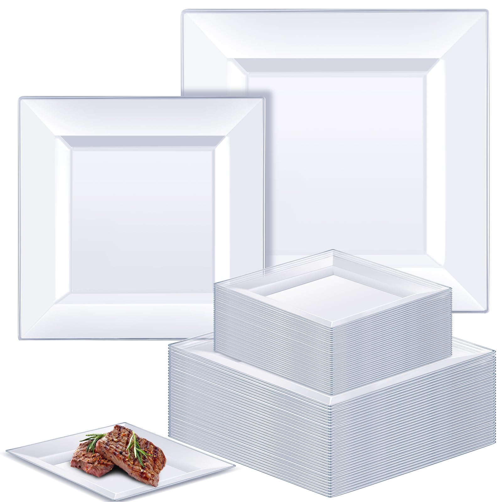 Photo 1 of 200 Pack Wedding Plastic Plates Disposable Square Plates Include 100 Pcs 9.5" Dinner Plates and 100 Pcs 6.5" Dessert Plates for Wedding Birthdays Holidays Party(Clear)