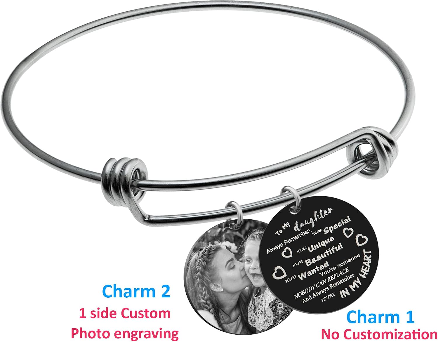 Qina C. To My Daughter Love Heart Personalized Photo Engraved Round Disc Charm Tag Adjustable Wire Bangle Bracelet Keepsake