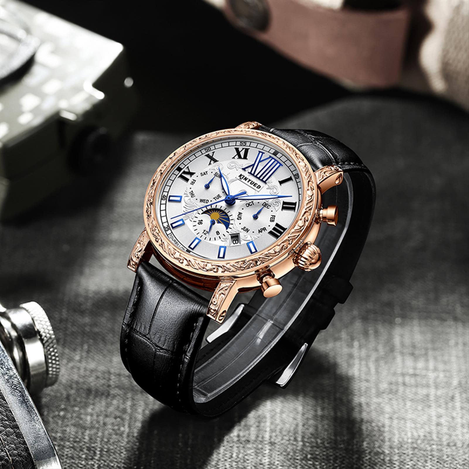 Reloj para Hombre,Mecánico Automático Relojes,Dial Esqueleto Correa De Piel,Auto Cuerda con Función De Semana,Deportivo Diseñador Casual Negocio
