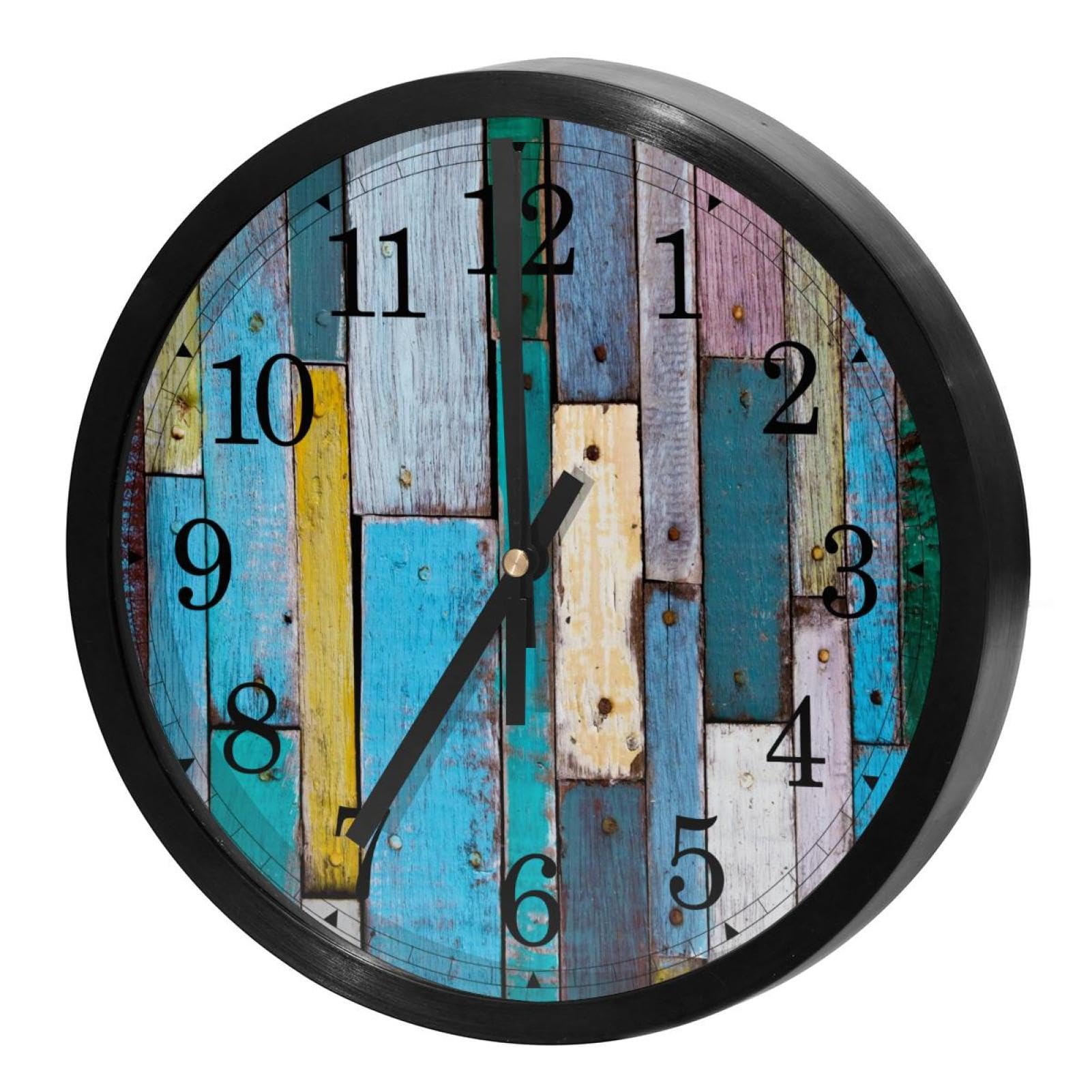 Horloge murale silencieuse à quartz motif bois coloré pour salon