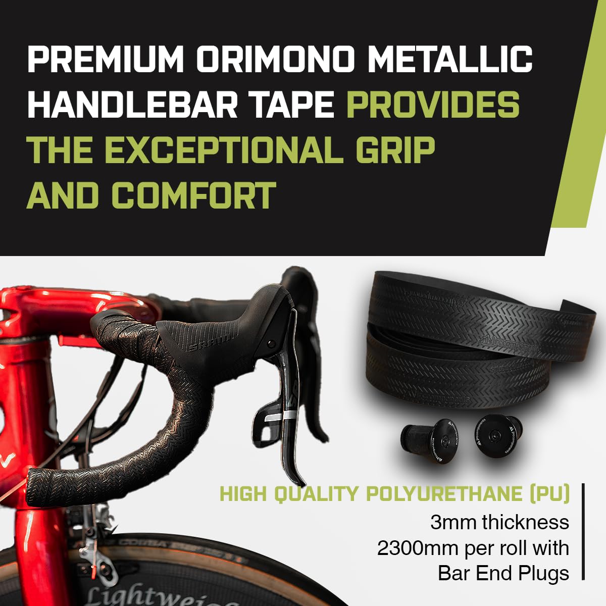 JRC Components Orimono Metallic Fahrradlenkerband | 2er-Set bequemes Lenkerband für Rennrad | Kies-Fahrradlenkerwickel mit Lenkerendstopfen | Verbessern Sie Ihren Fahrradgriff - (kein Druck)