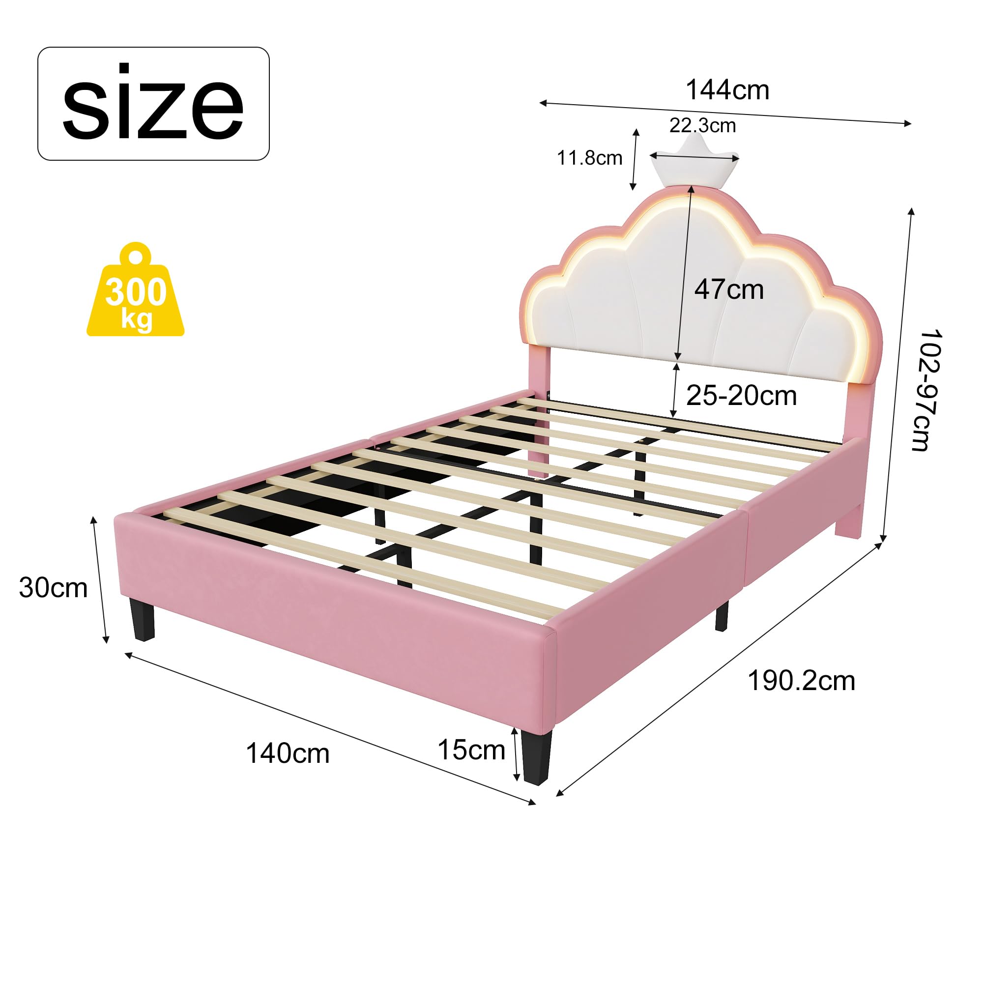 Letto imbottito 140x190 cm per ragazze, struttura letto per bambini con testata regolabile Crown e rete a doghe, letto da principessa, letto matrimoniale per bambini e adolescenti, senza