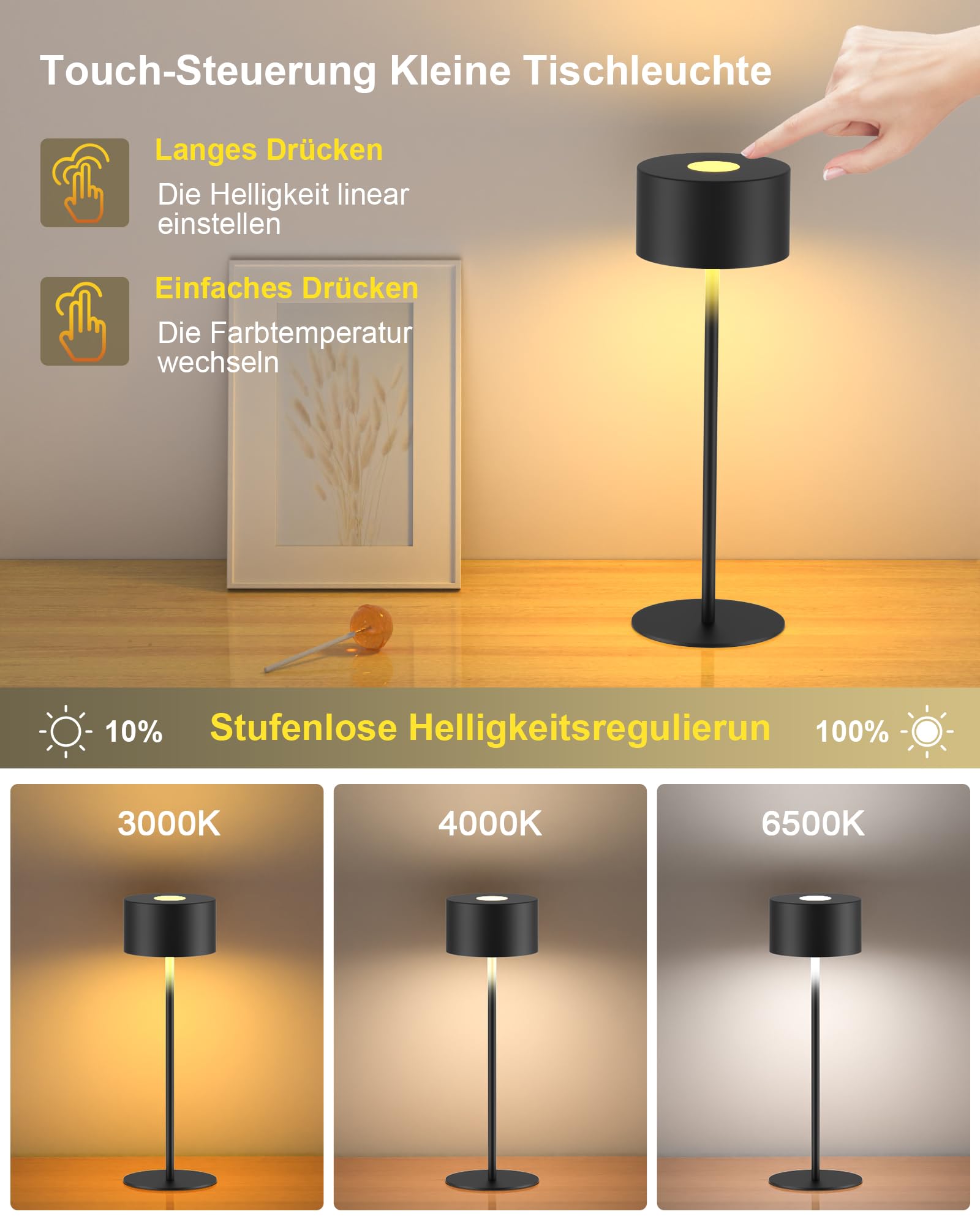 Lampada da Tavolo Senza Fili Tutto in Metallo, 3 Temperature di Luce & Dimmering infinito, Impermeabilità IP54 | Questa lampada portable è perfetta per testa di letto, camera da letto, sala da pranzo