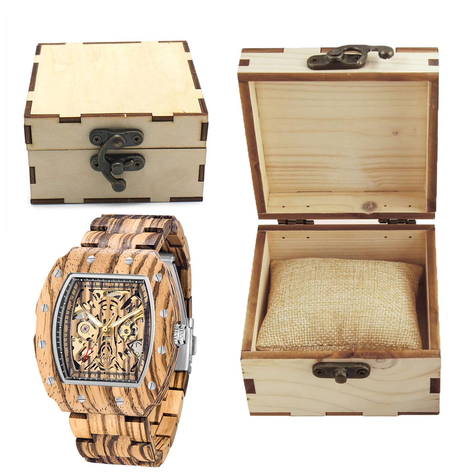 Tiong Reloj de madera para hombre Esqueleto mecánico Movimiento automático Relojes de madera, Mwd-01fang, Retro | Reloj retro ligero para hombre con caja de regalo de madera, reloj clásico de madera como regalo para hombres