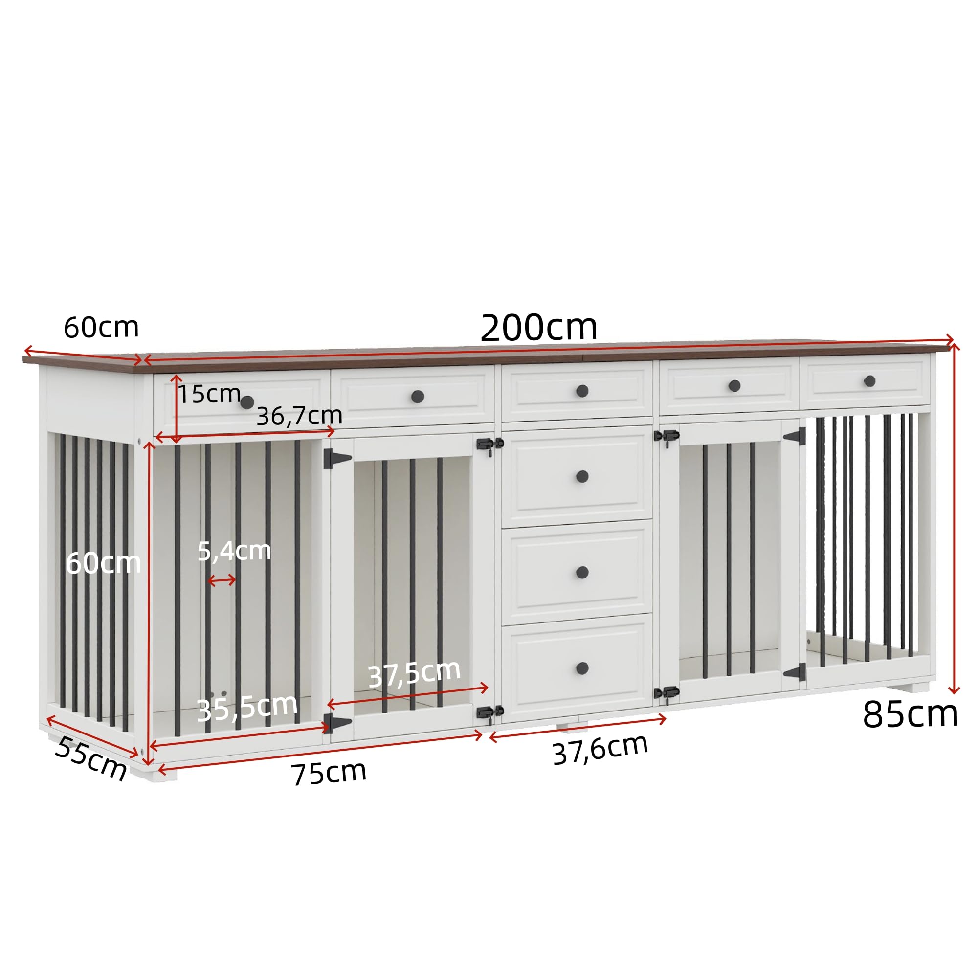 Hundekäfig für Zuhause, Hundebox Indoor für 2 mittelgroße Hunde, Hundekäfig Möbel XXL Stabile Hundehütte mit 8 Schubladen, Moderne Hundehaus weiß, 200x60x85 cm