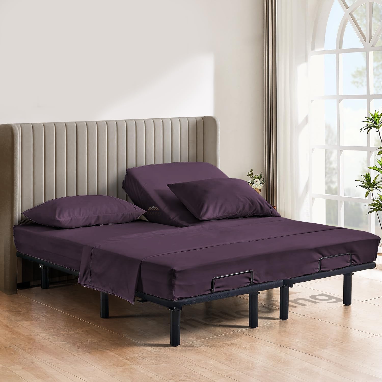 800 TC Top Split Head King Sheets for Adjustable Beds Split Head Flex Sheet Set 100% Cotton 4 Piece Hotel Luxury Half Split Sheet Set Fits Up to 15" Deep Mattress (King 30"- Plum)