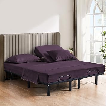 800 TC Top Split Head King Sheets for Adjustable Beds Split Head Flex Sheet Set 100% Cotton 4 Piece Hotel Luxury Half Split Sheet Set Fits Up to 15" Deep Mattress King 30"- Plum