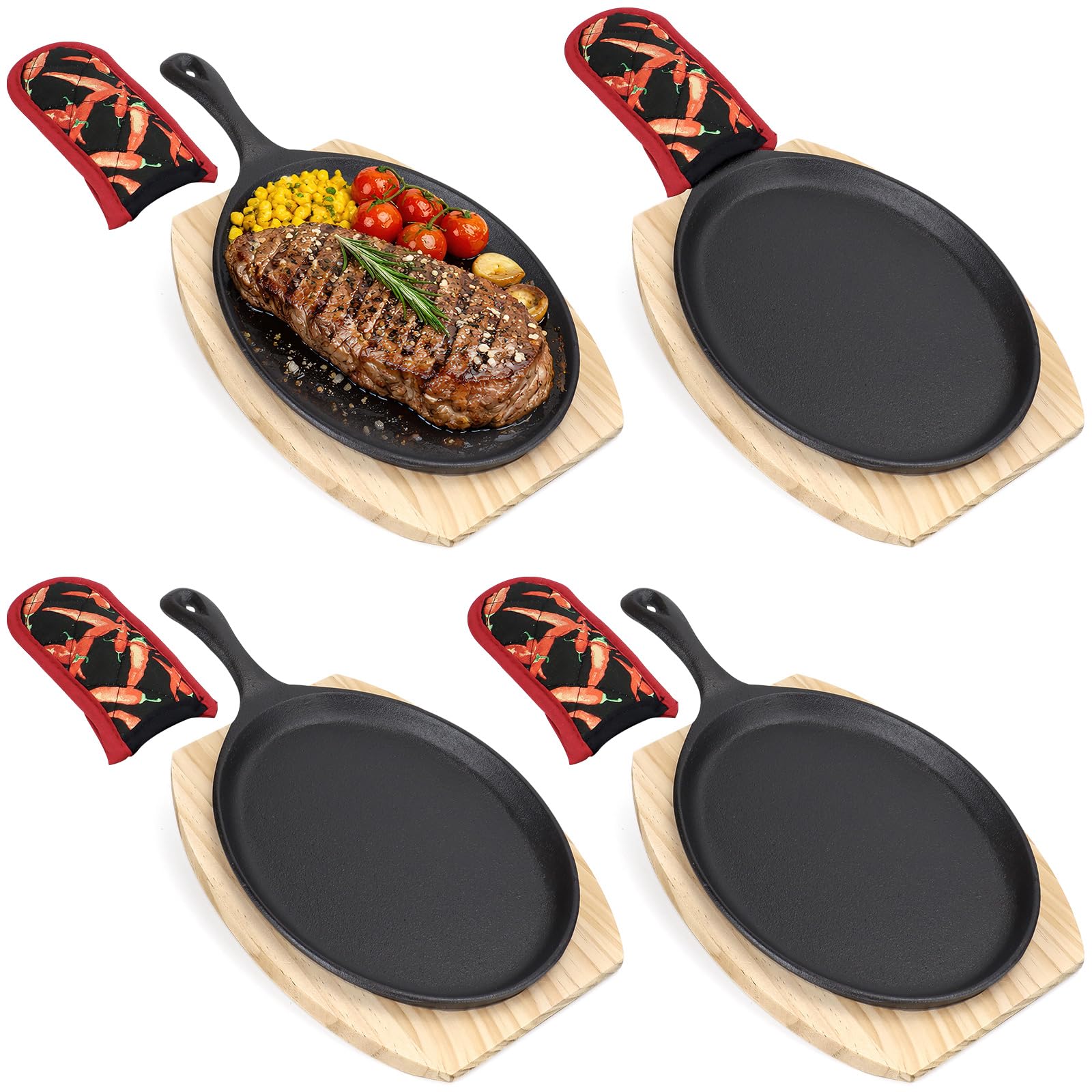 4 Pack Cast Iron Fajita Serving Set, 37 cm Large Oval Sizzler Plates with Wooden Trays & Heat Resistant Mitts, Heavy Duty Sizzling Pans for BBQ Restaurant Home Dining