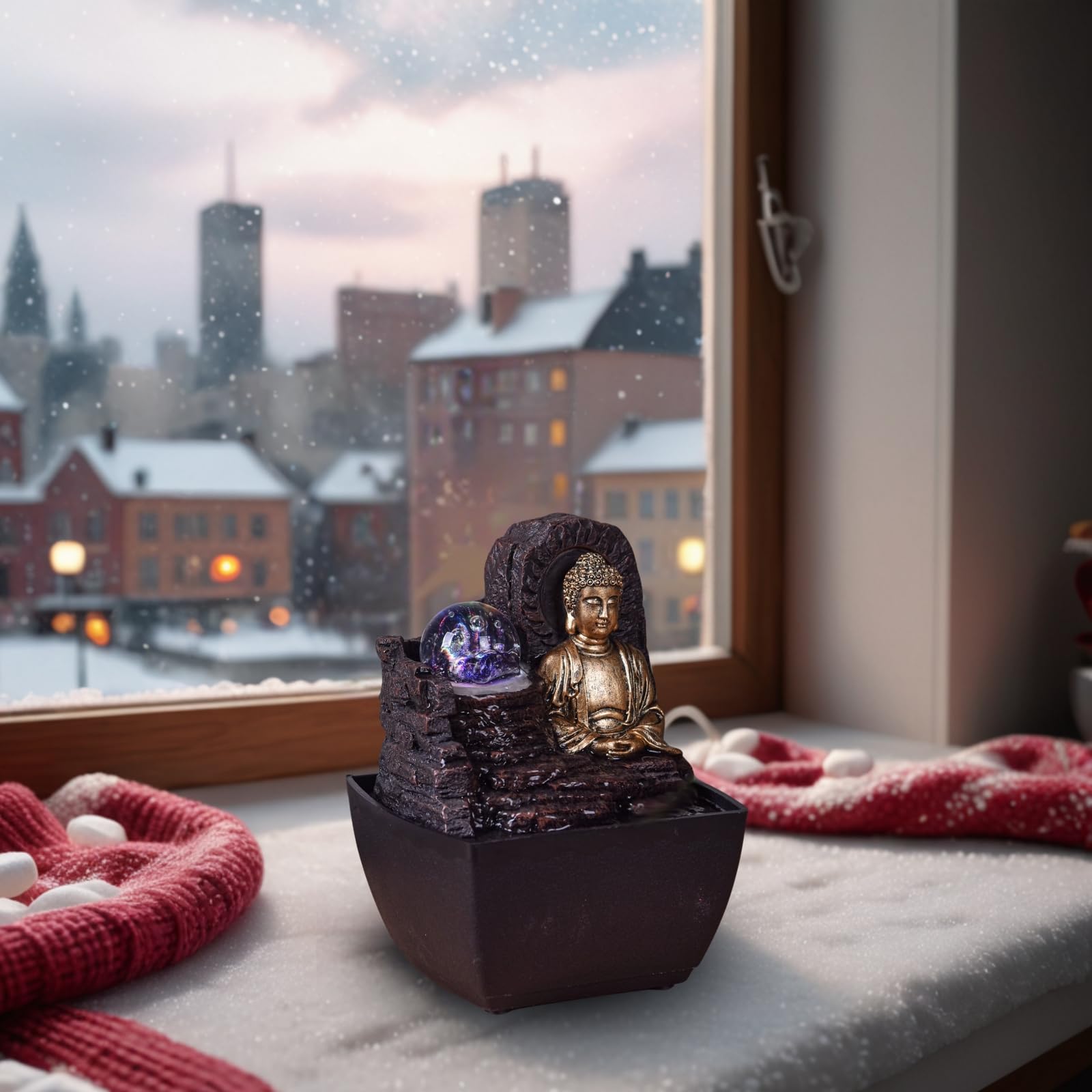 Fontanna Zen Budda Kolorowe światło LED - Dekoracja Zen Spirit - Obiekt szczęścia Feng Shui - Fontanna stołowa - Inteligentny i przydatny pomysł na prezent w niskiej cenie - wys. 18 cm - Theravada