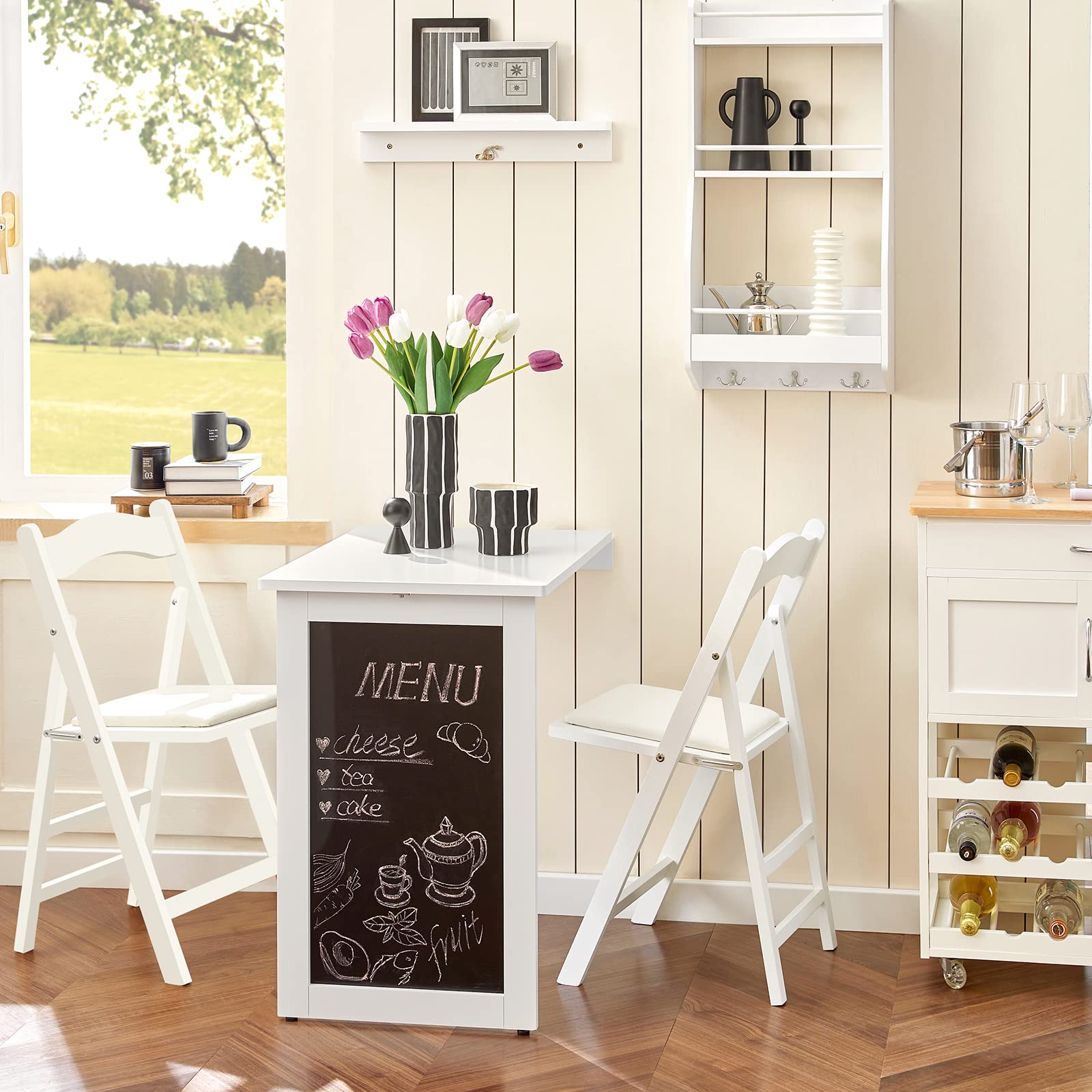 SoBuy Table Murale Rabattable avec Tableau Mémo, pliée 8 cm, 50×75×76cm | Table à Manger Pliable, charge 30 kg, repas & travail, entretien facile, MDF, pour cuisine & bureau & petits espaces, FWT20-W