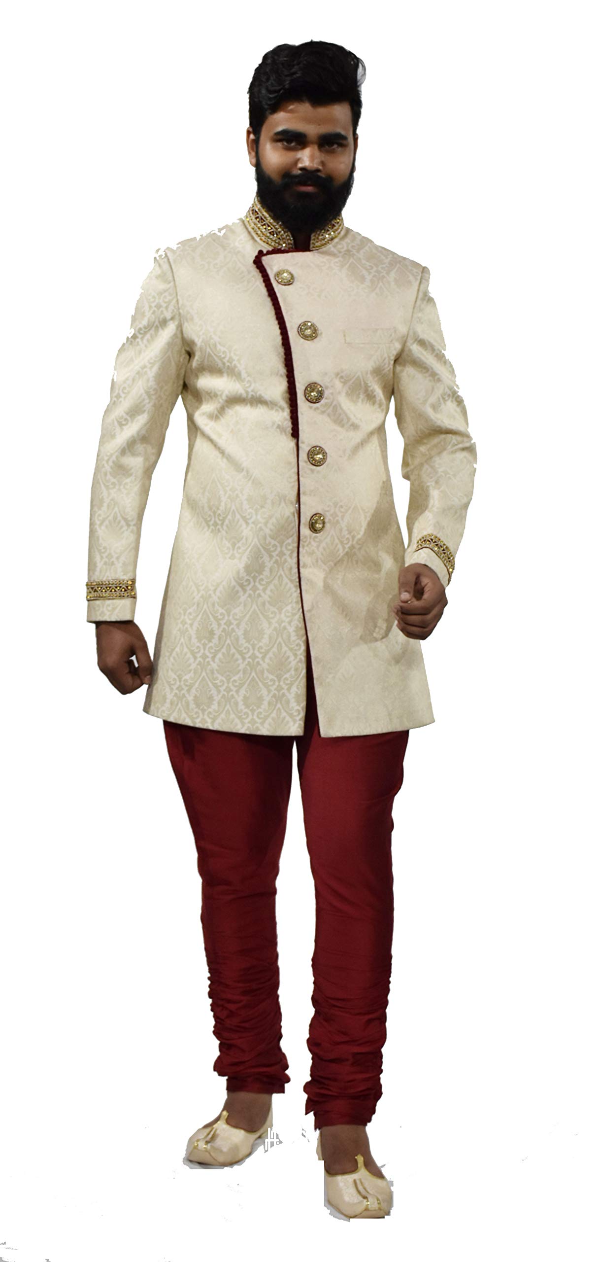 Men's Cream Jacquard Indowestern with Maroon Polo Pant-image-17