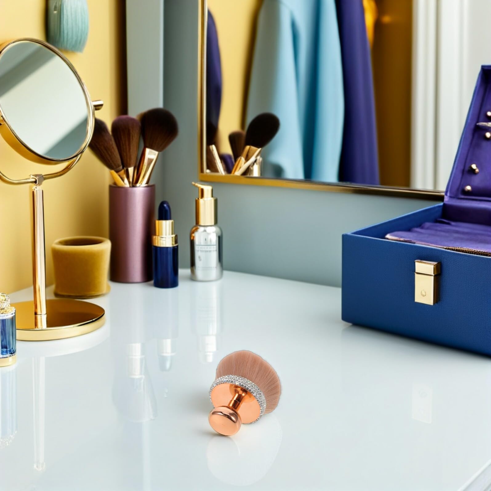 Brocha para Polvos Sueltos y Rubor Cerdas Suaves Forma de Hongo Diseño Lujoso Gemas de Imitación Tamaño Pequeño Portátil Aplicador Facial para Maquillaje de Base y Polvos