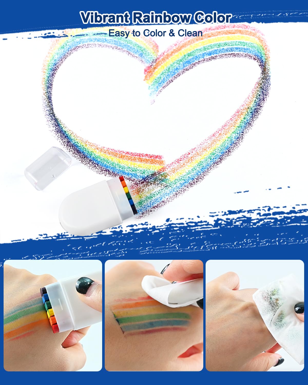 2 Pack Rainbow Pride Face Paint with Pride Tattoos Temporary, Gay Pride Rainbow Makeup Stick, Washable Body Crayon for Cosplay, Party, Halloween, Festival Celebrations Art Accessorie Supplies