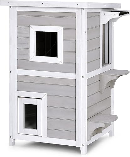 PETSITE Casa de madera para gatos al aire libre, resistente a la intemperie, refugio para gatos salvajes con techo abierto