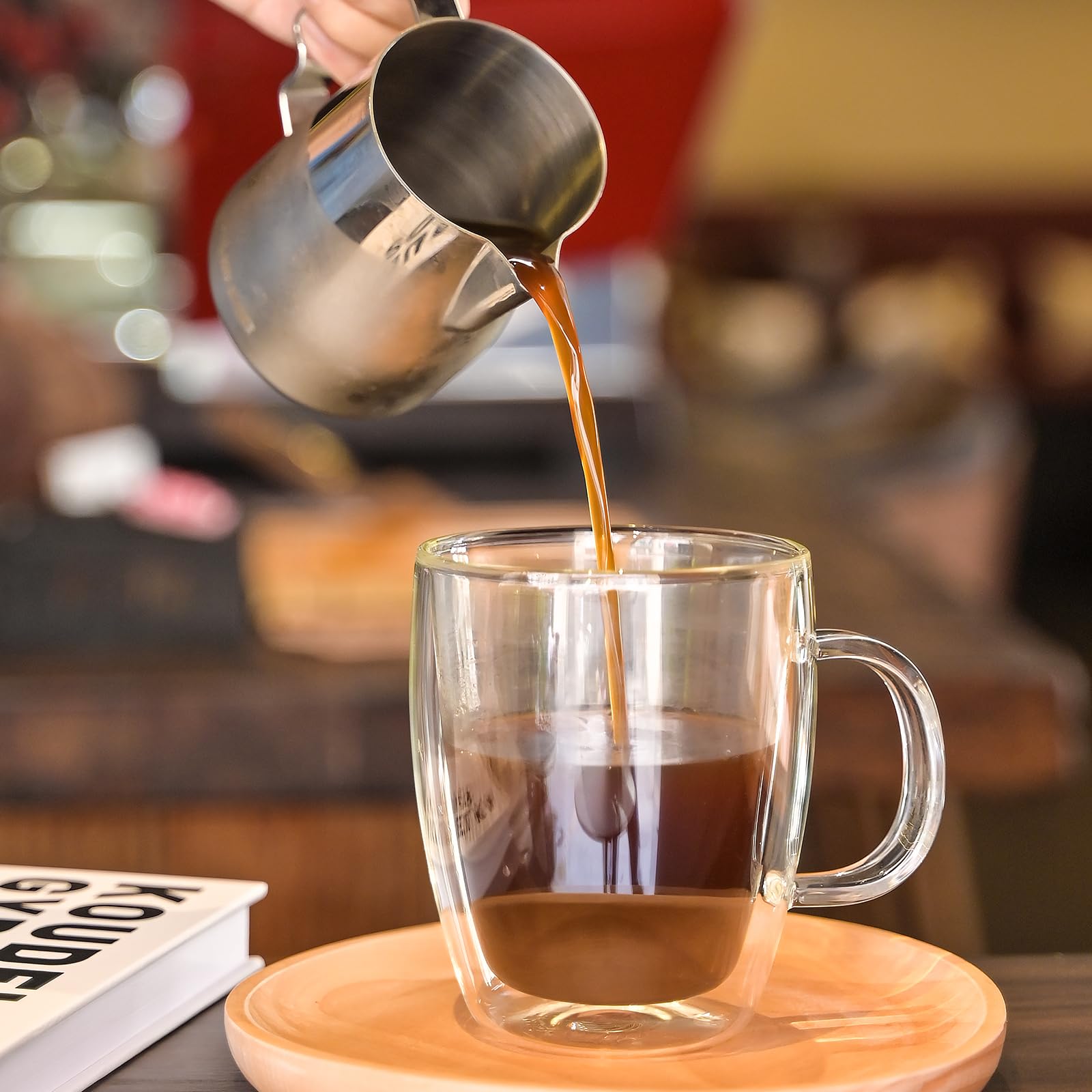 Yuncang 4-pak 350 ml izolowane przezroczyste szklane kubki do kawy, idealne do Americano, latte, cappuccino, espresso