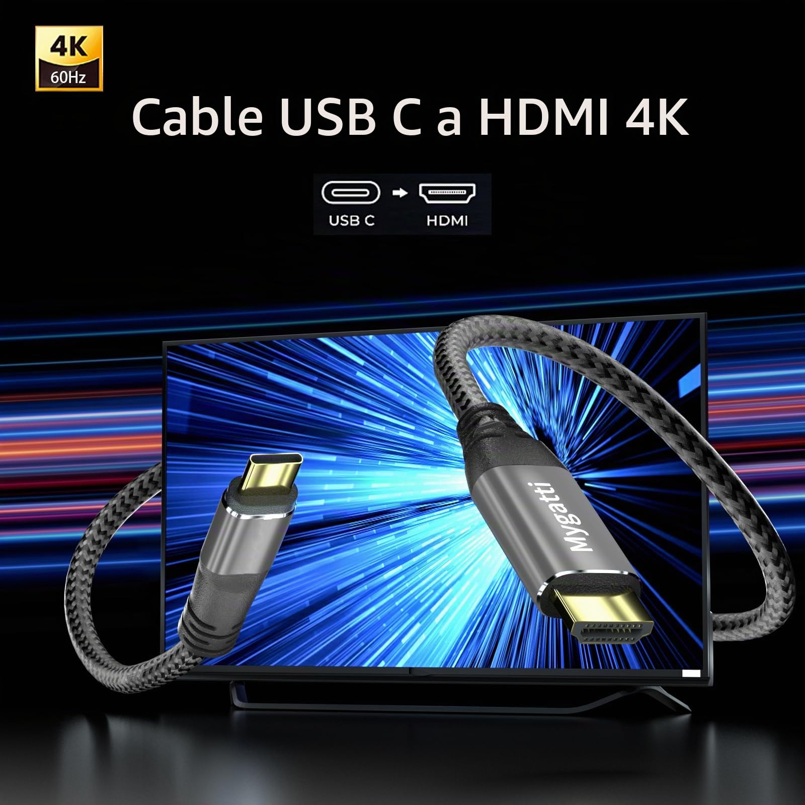 Cable USB C a HDMI 10 metros,4K@60Hz UHD (compatible con Thunderbolt 4/3),con adaptador HDMI en ángulo de 90 grados y 270 grados, compatible con iPhone 15/16, MacBook, iPad Pro/Air