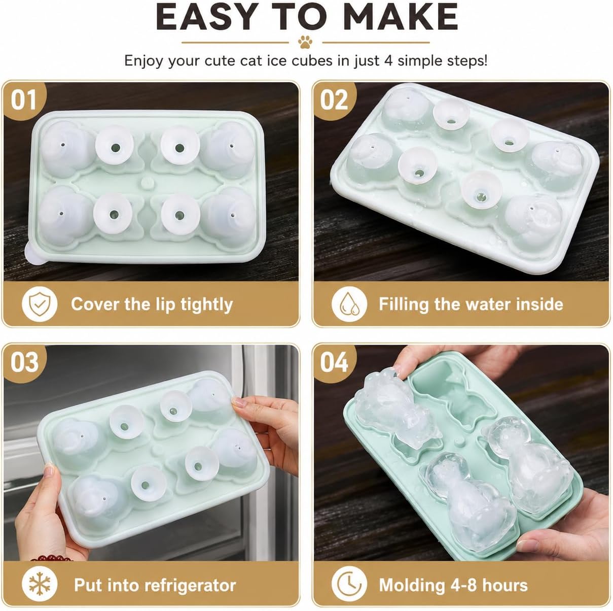 3D Cat Ice Cube Tray Silicone Mold for Large Kitten Shaped Ice