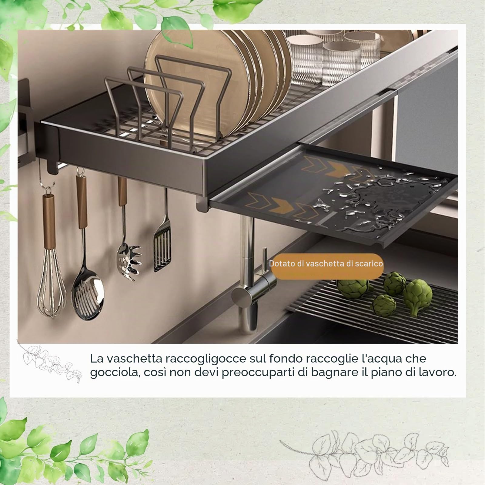 Ampio scolapiatti da posizionare sopra il lavello, salvaspazio, da fissare alla parete della cucina, versatile scaffale portaoggetti per cucina e sala da pranzo(2 pc,60cm/23.6in)