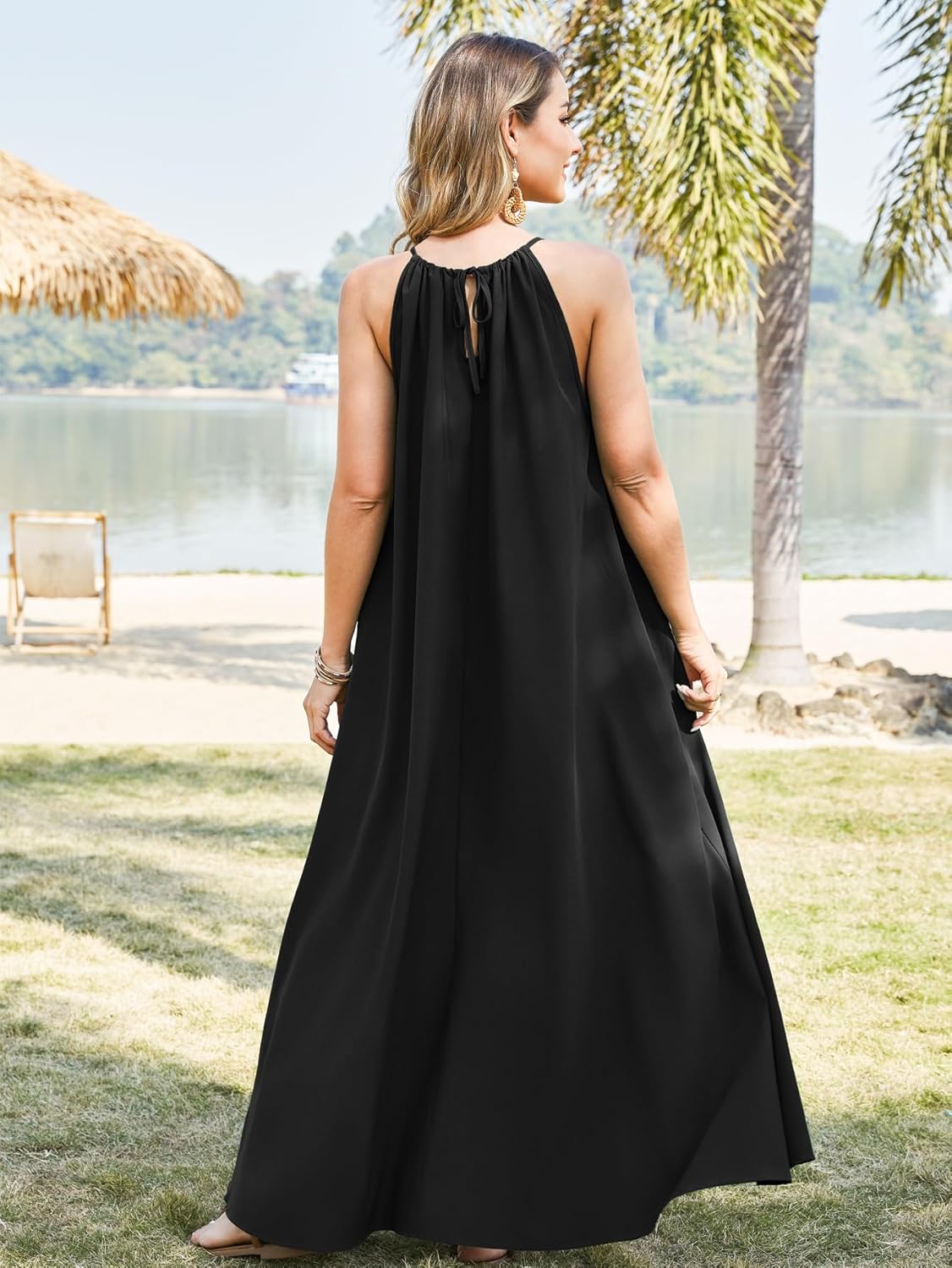 Kikibell Women's Halter Sleeveless Swing Flowy Maxi Summer Loose Pleated Long Sundress for Beach Vacation - Image 8