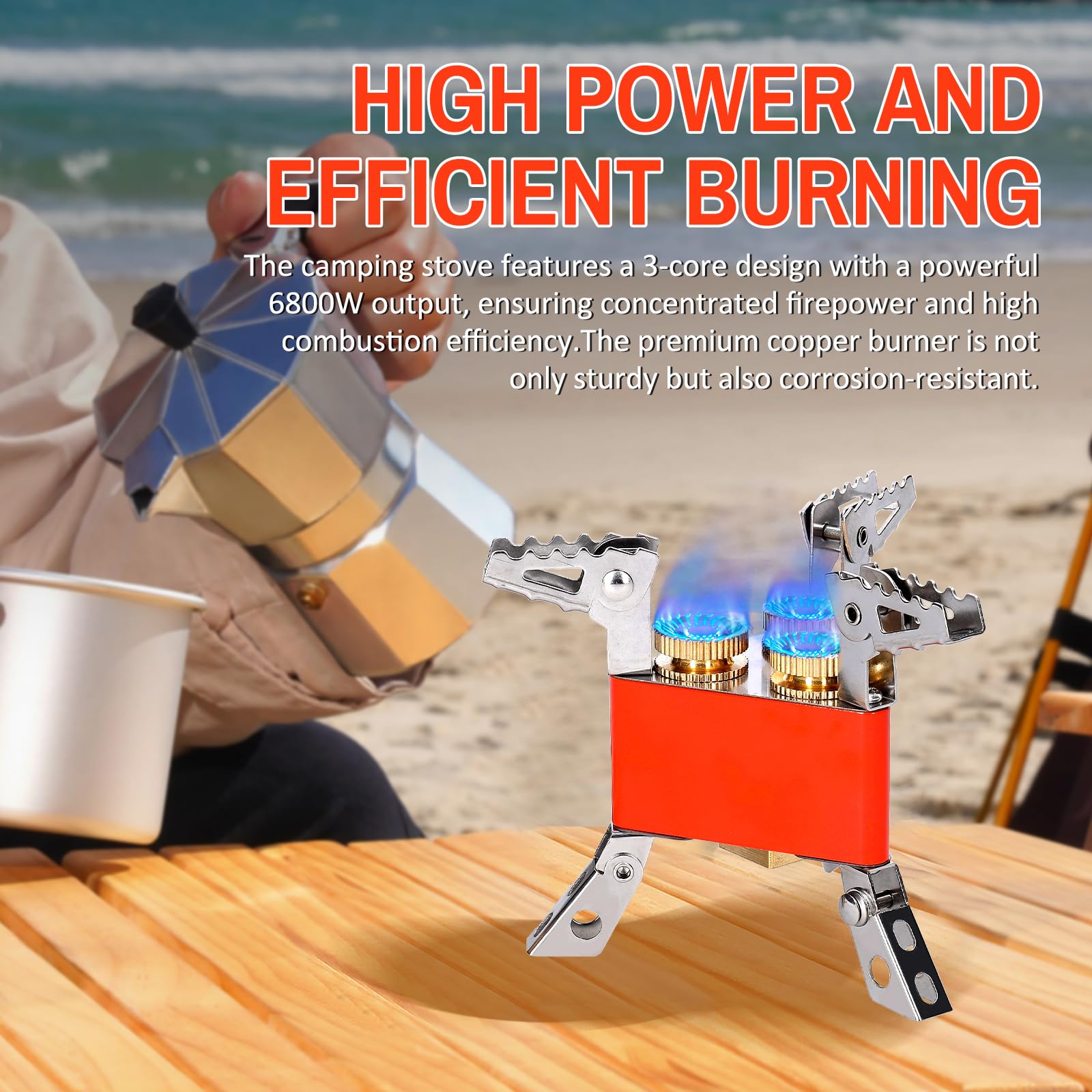 Portable 3 Cores Camping Stove 6800W High Power Gas Burner Stove Foldable Backpacking Stove with Adjustable Valve for Outdoor Cooking Camping Picnic Hiking Orange Copper Aluminum