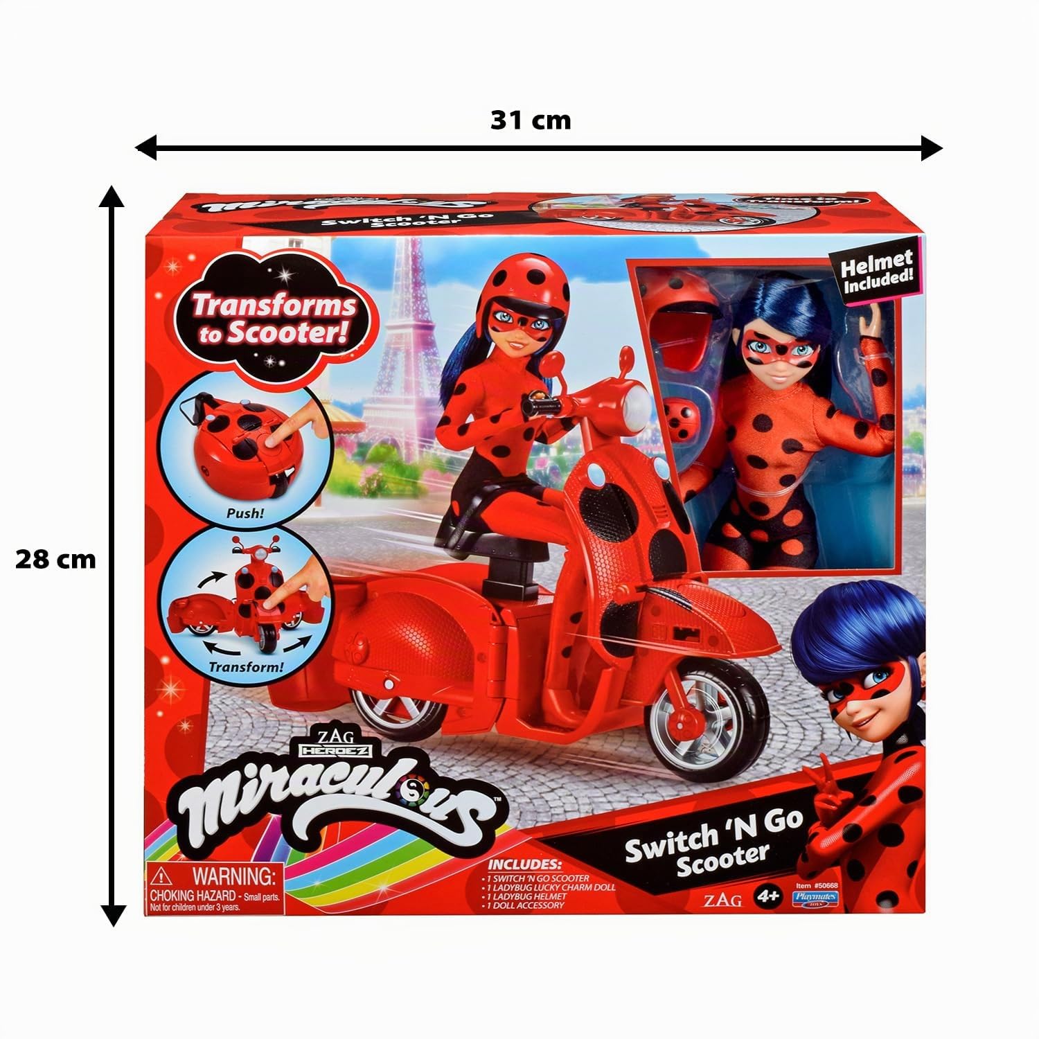 Bandai - Miraculous - Scooter Miraculous Switch'n Go + Bambola inclusa Ladybug Lucky Charm con casco - Pacchetto Scooter formato yo-yo e Bambola 26cm - Giocattolo per Bambini dai 4 anni in su - P50668
