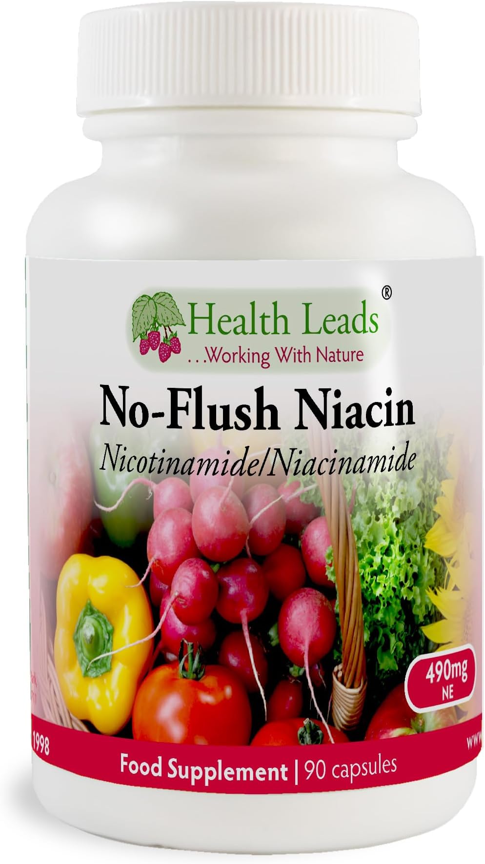 Health Leads No-Flush Niacin 490mg x 90 Capsules, Nicotinamide/Niacinamide - Flush Free Form of Vitamin B3/Niacin,Magnesium Stearate Free & No Nasty Additives, Vegan, Made in Wales