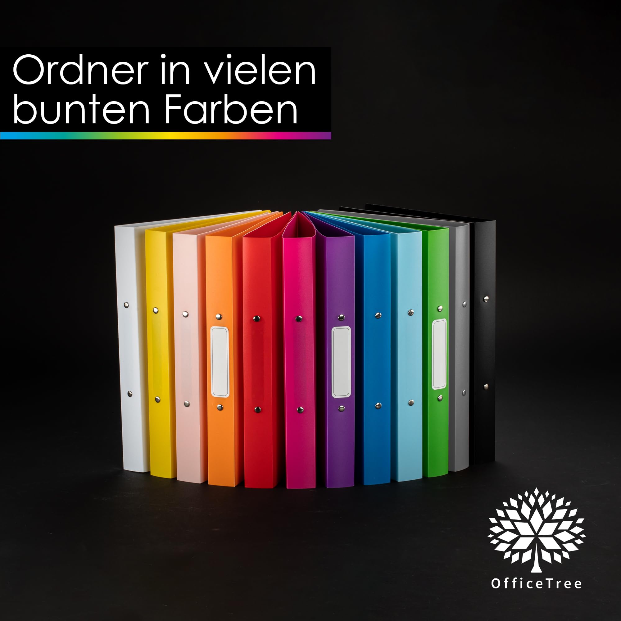 OfficeTree 12x Ringbuch A4 Set - 12 Farben - 2-Ring-Mechanik - Ringmappe A4 Rückenbreite 3,5cm - Ringhefter aus robusten Kunststoff - Ringordner schmal inkl. Sticker - Hefter