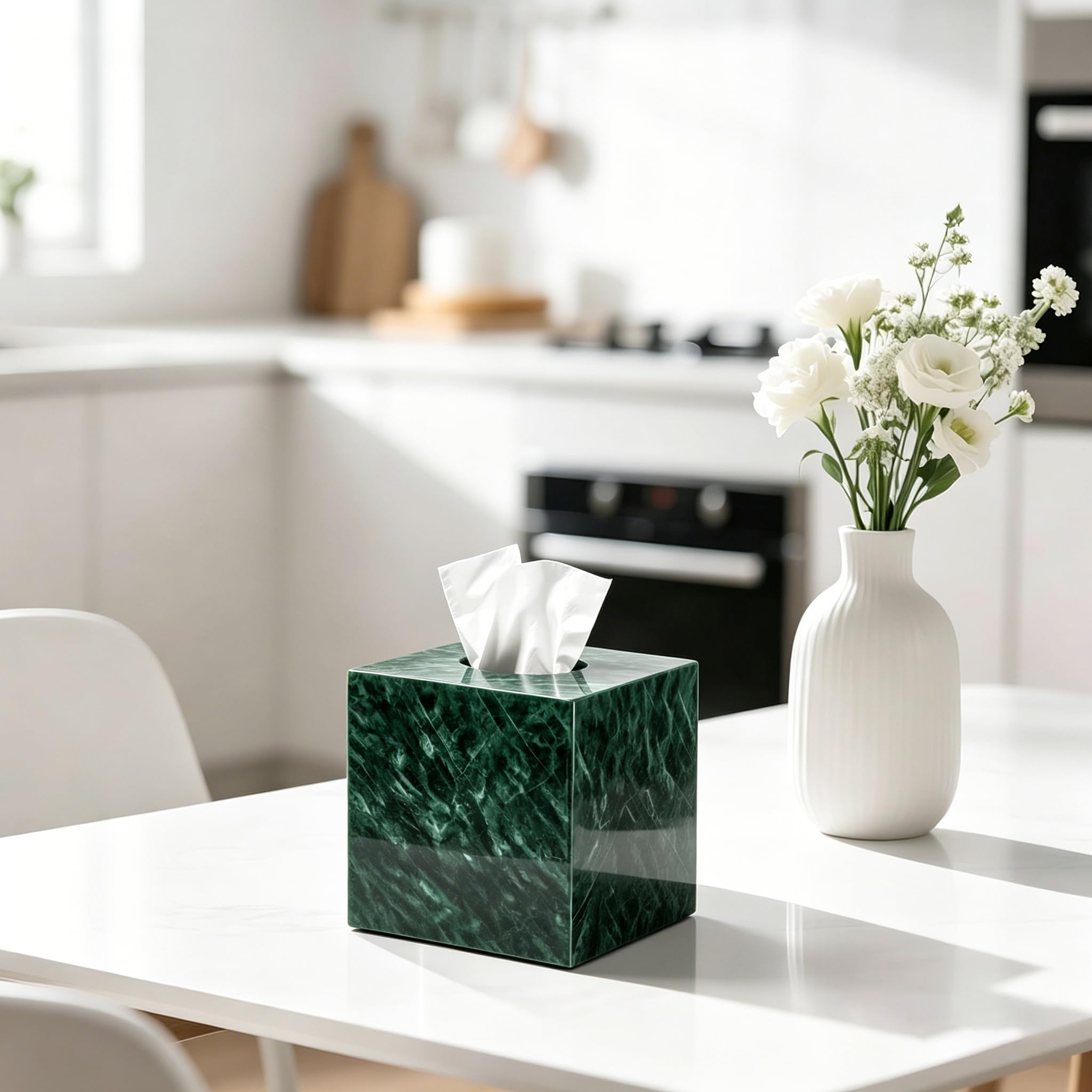 Porta fazzoletti in marmo naturale, quadrato, con fondo aperto, porta fazzoletti per bagno, vanity top, comò da camera da letto, piano di lavoro della cucina, verde