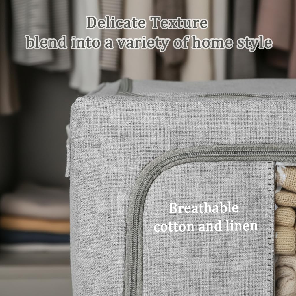 Cajas Almacenaje Ropa, con metálico 5mm, base con soporte PP, 66L | Gris, 3 PCS, Algodón y Lino, Bolsas Plegables, Para Organizador Armario, edredones, colchas, mantas