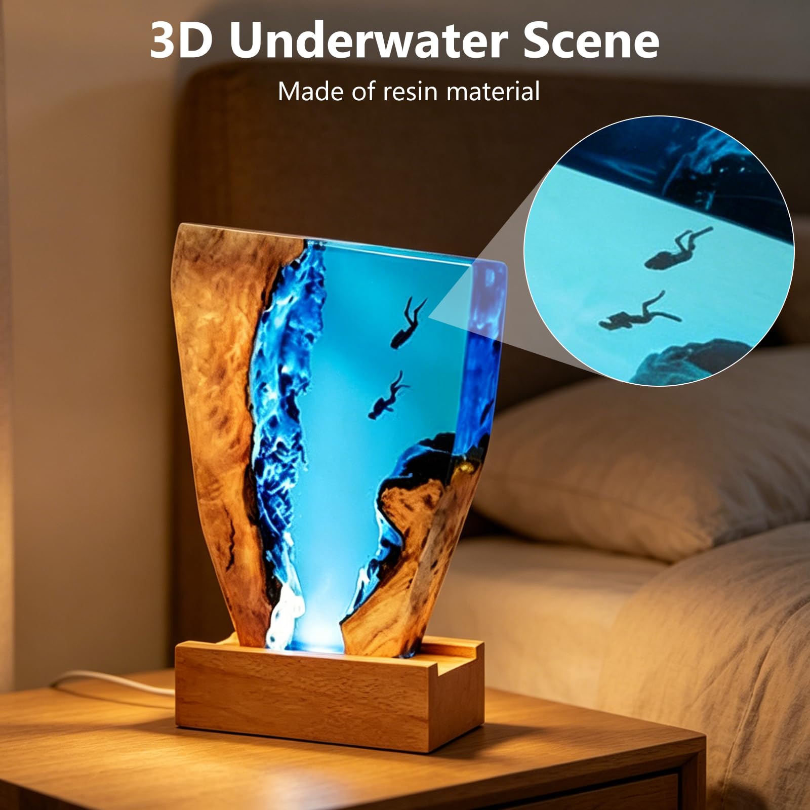 Lampka nocna, statuetka morska, dekoracja, lampa 3D, żywica epoksydowa, ocean, lampka nocna z kablem USB i drewnianą podstawą, do domu, biura, dekoracja na Boże Narodzenie, 18 x 11